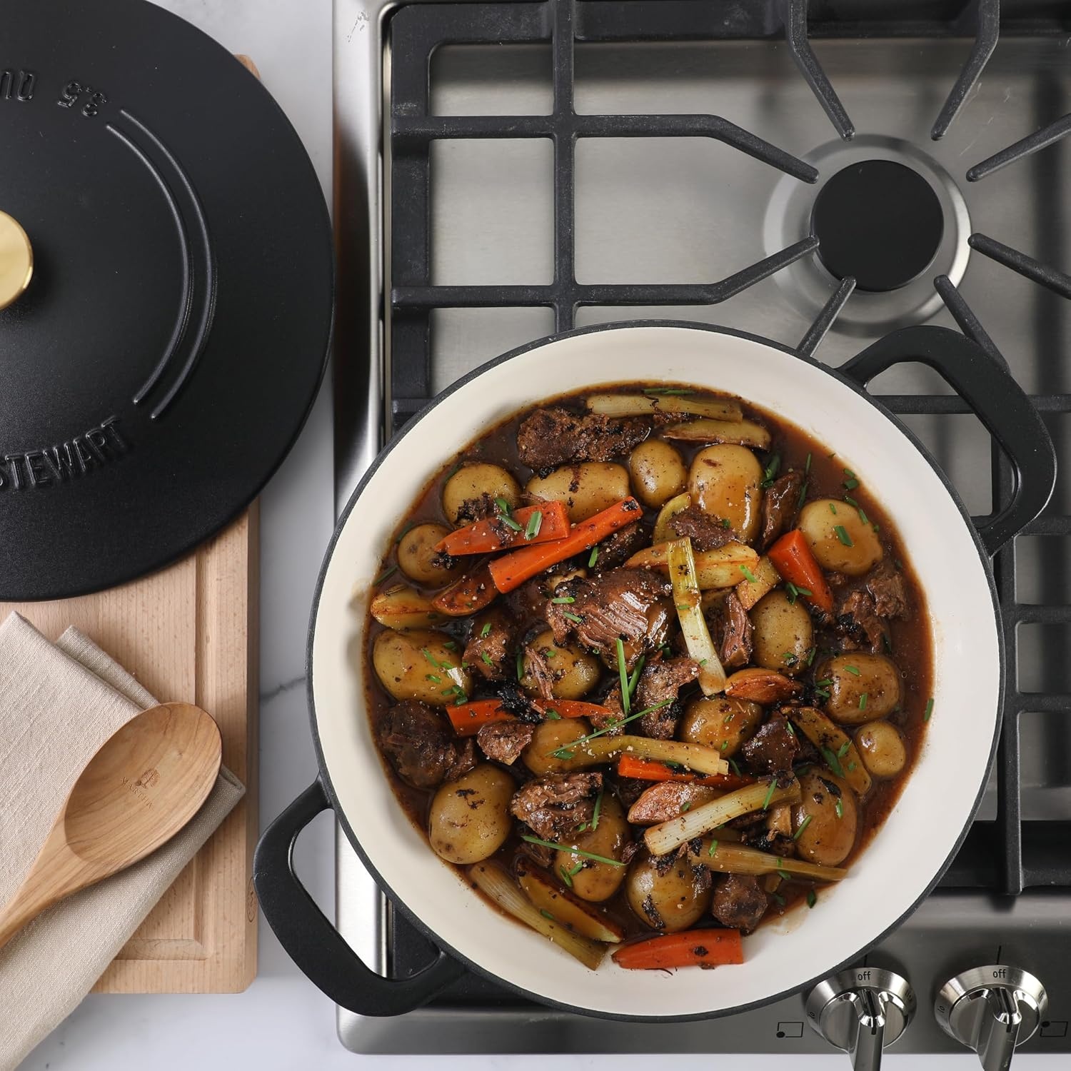 image:imageMartha Stewart Gatwick Enameled Cast Iron Braiser with Lid 35Quart Braiser Pan for Stovetop amp Oven Cast Iron Braising Pan with Gold Knob Matte BlackMatte Black w Gold Knob