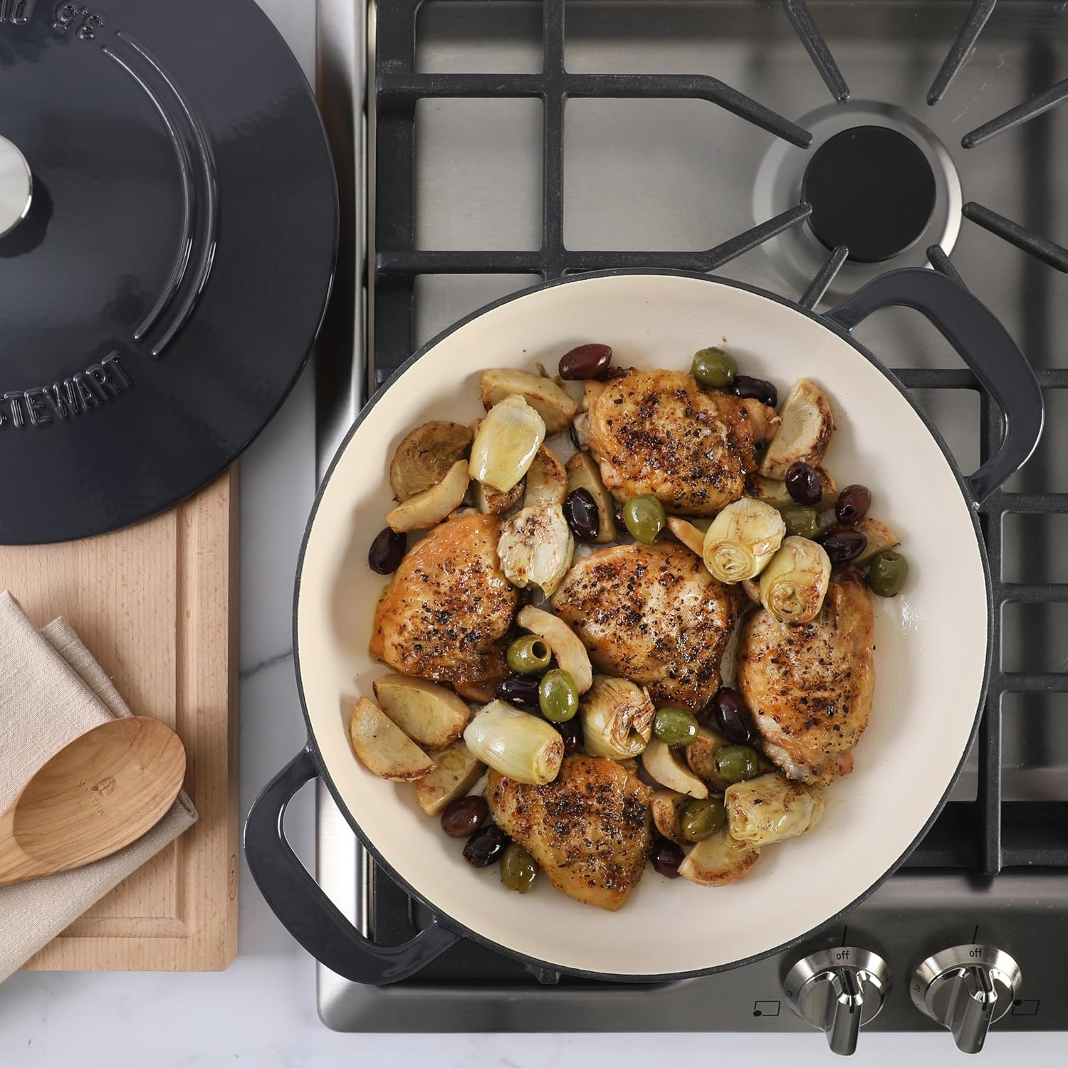 image:imageMartha Stewart Gatwick Enameled Cast Iron Braiser with Lid 35Quart Braiser Pan for Stovetop amp Oven Cast Iron Braising Pan with Gold Knob Matte BlackGrey