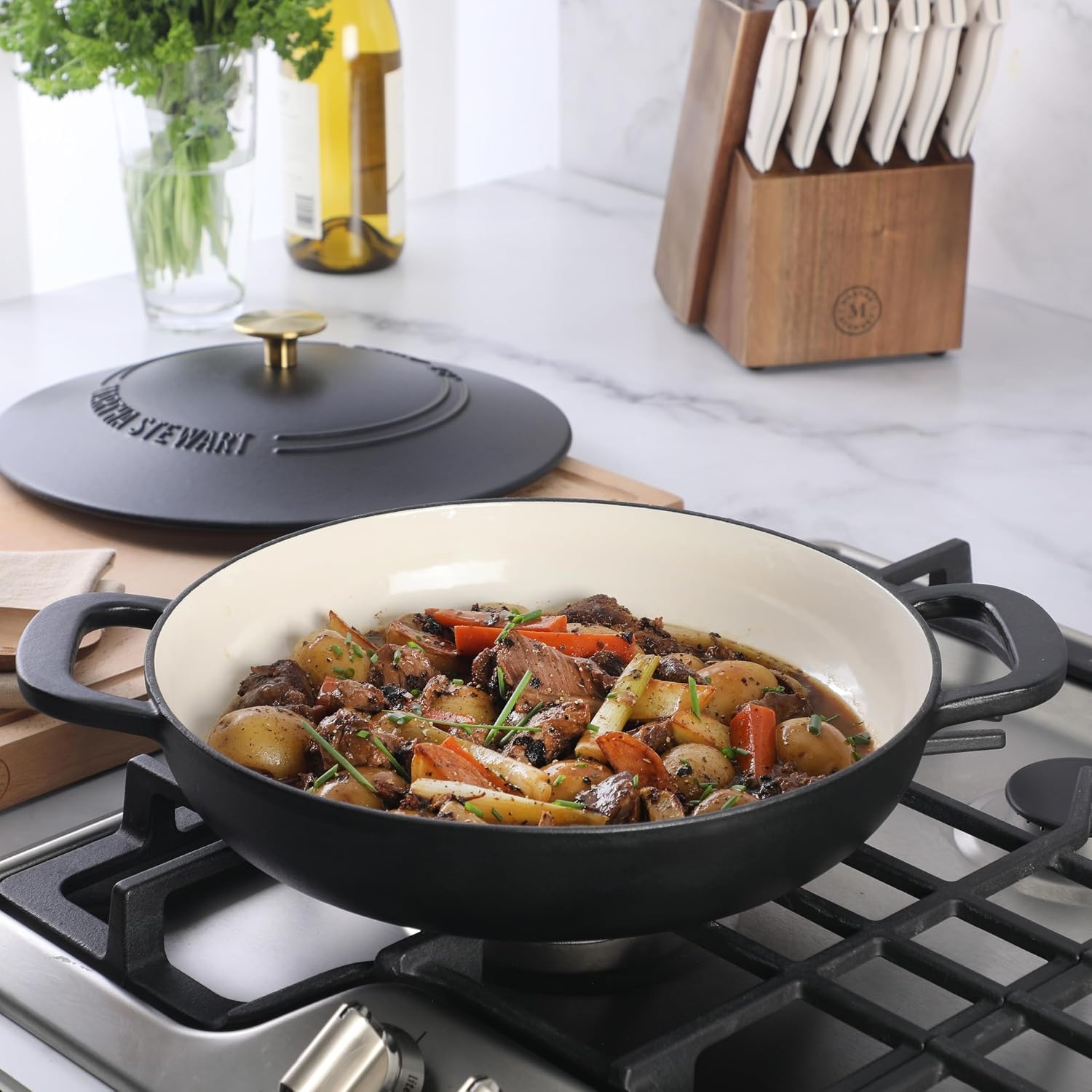 image:imageMartha Stewart Gatwick Enameled Cast Iron Braiser with Lid 35Quart Braiser Pan for Stovetop amp Oven Cast Iron Braising Pan with Gold Knob Matte BlackMatte Black w Gold Knob