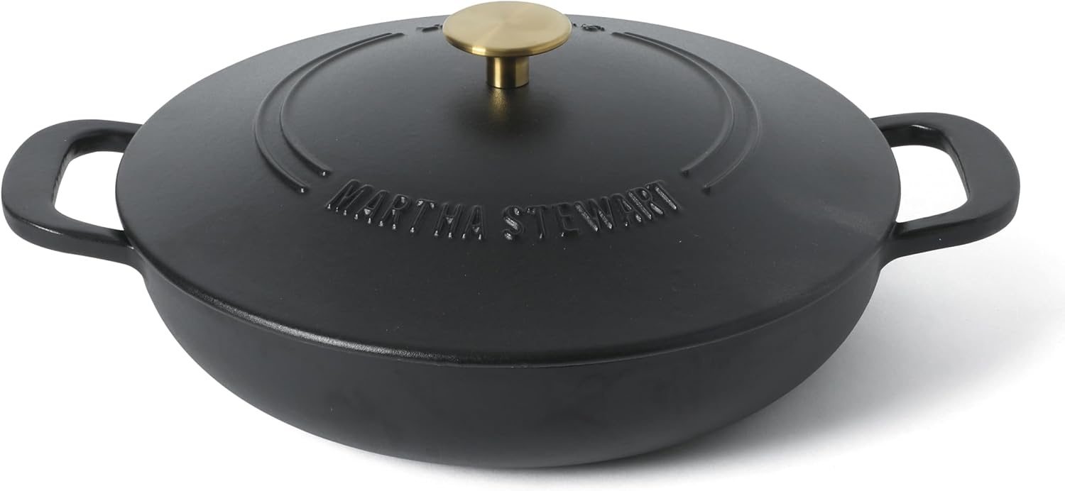 image:imageMartha Stewart Gatwick Enameled Cast Iron Braiser with Lid 35Quart Braiser Pan for Stovetop amp Oven Cast Iron Braising Pan with Gold Knob Matte BlackMatte Black w Gold Knob