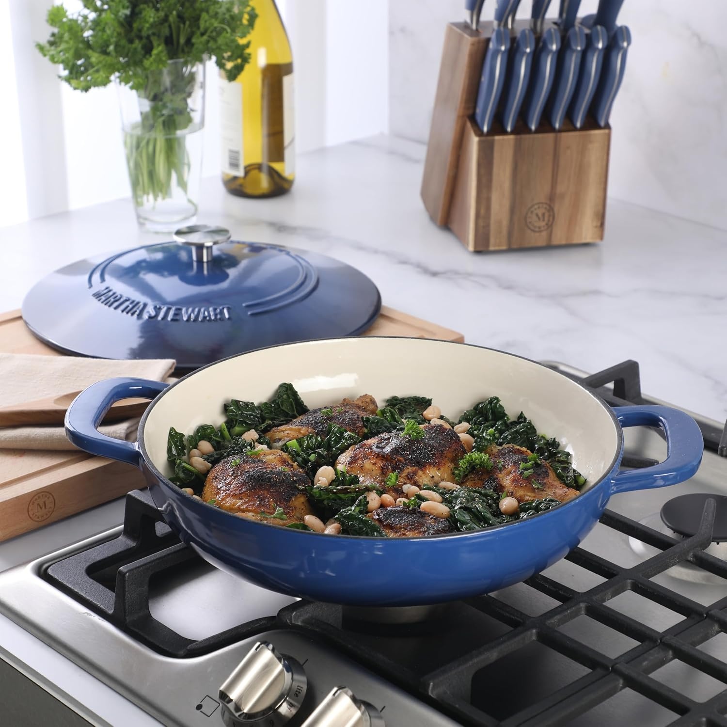 image:imageMartha Stewart Gatwick Enameled Cast Iron Braiser with Lid 35Quart Braiser Pan for Stovetop amp Oven Cast Iron Braising Pan with Gold Knob Matte BlackClassic Blue