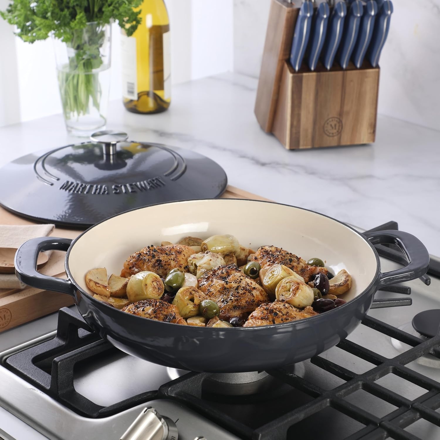 image:imageMartha Stewart Gatwick Enameled Cast Iron Braiser with Lid 35Quart Braiser Pan for Stovetop amp Oven Cast Iron Braising Pan with Gold Knob Matte BlackGrey