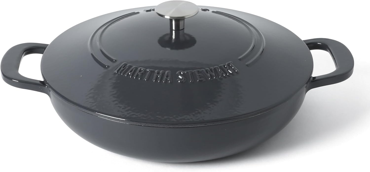 image:imageMartha Stewart Gatwick Enameled Cast Iron Braiser with Lid 35Quart Braiser Pan for Stovetop amp Oven Cast Iron Braising Pan with Gold Knob Matte BlackGrey
