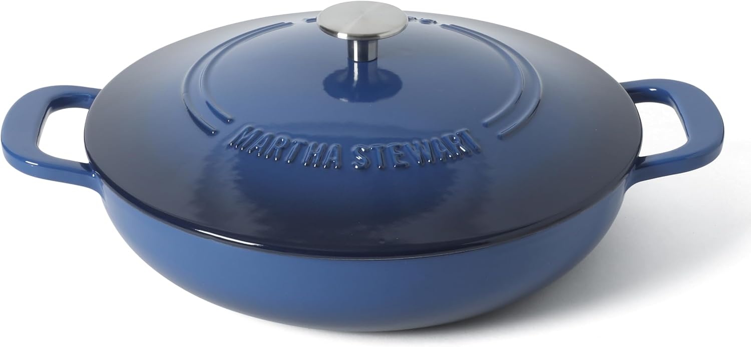 image:imageMartha Stewart Gatwick Enameled Cast Iron Braiser with Lid 35Quart Braiser Pan for Stovetop amp Oven Cast Iron Braising Pan with Gold Knob Matte BlackClassic Blue