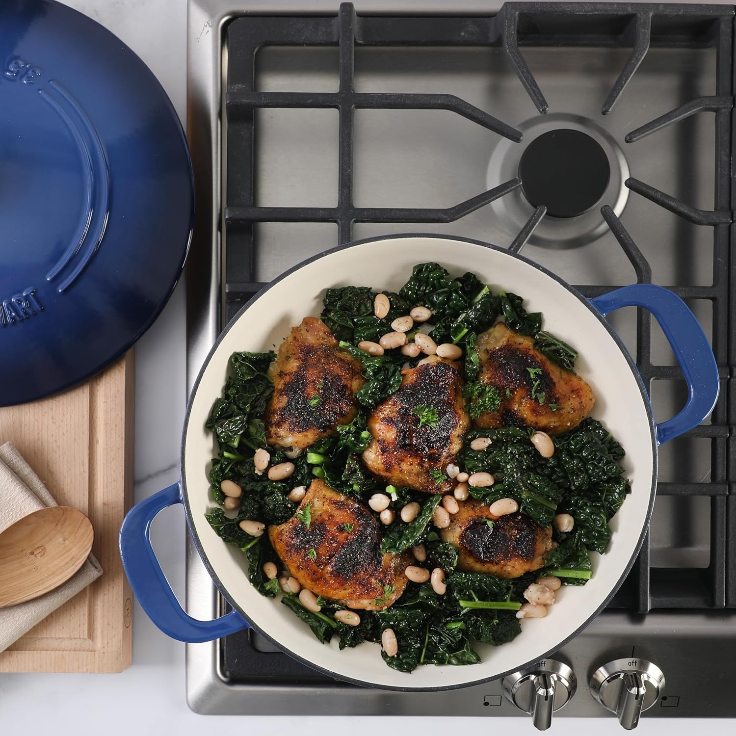 image:imageMartha Stewart Gatwick Enameled Cast Iron Braiser with Lid 35Quart Braiser Pan for Stovetop amp Oven Cast Iron Braising Pan with Gold Knob Matte BlackClassic Blue