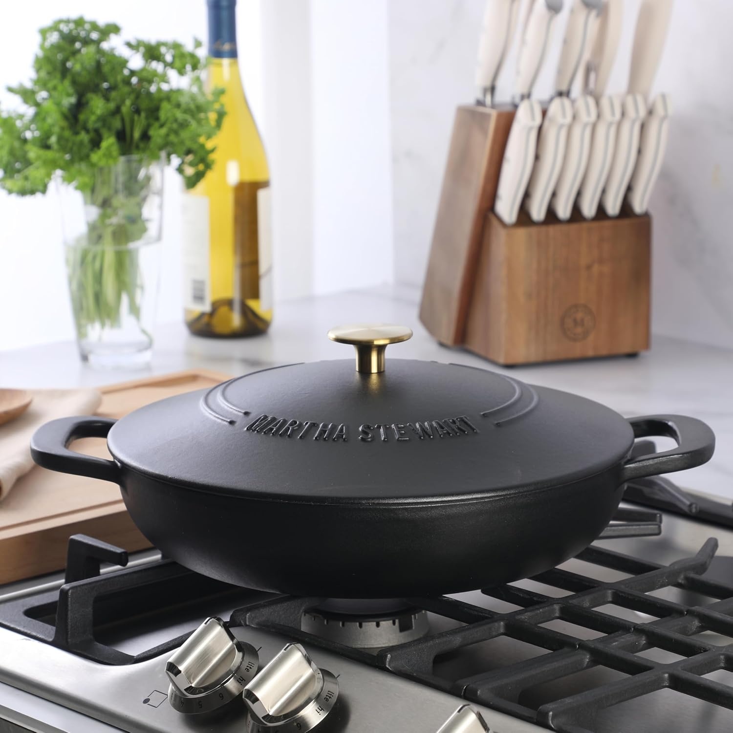 image:imageMartha Stewart Gatwick Enameled Cast Iron Braiser with Lid 35Quart Braiser Pan for Stovetop amp Oven Cast Iron Braising Pan with Gold Knob Matte BlackMatte Black w Gold Knob
