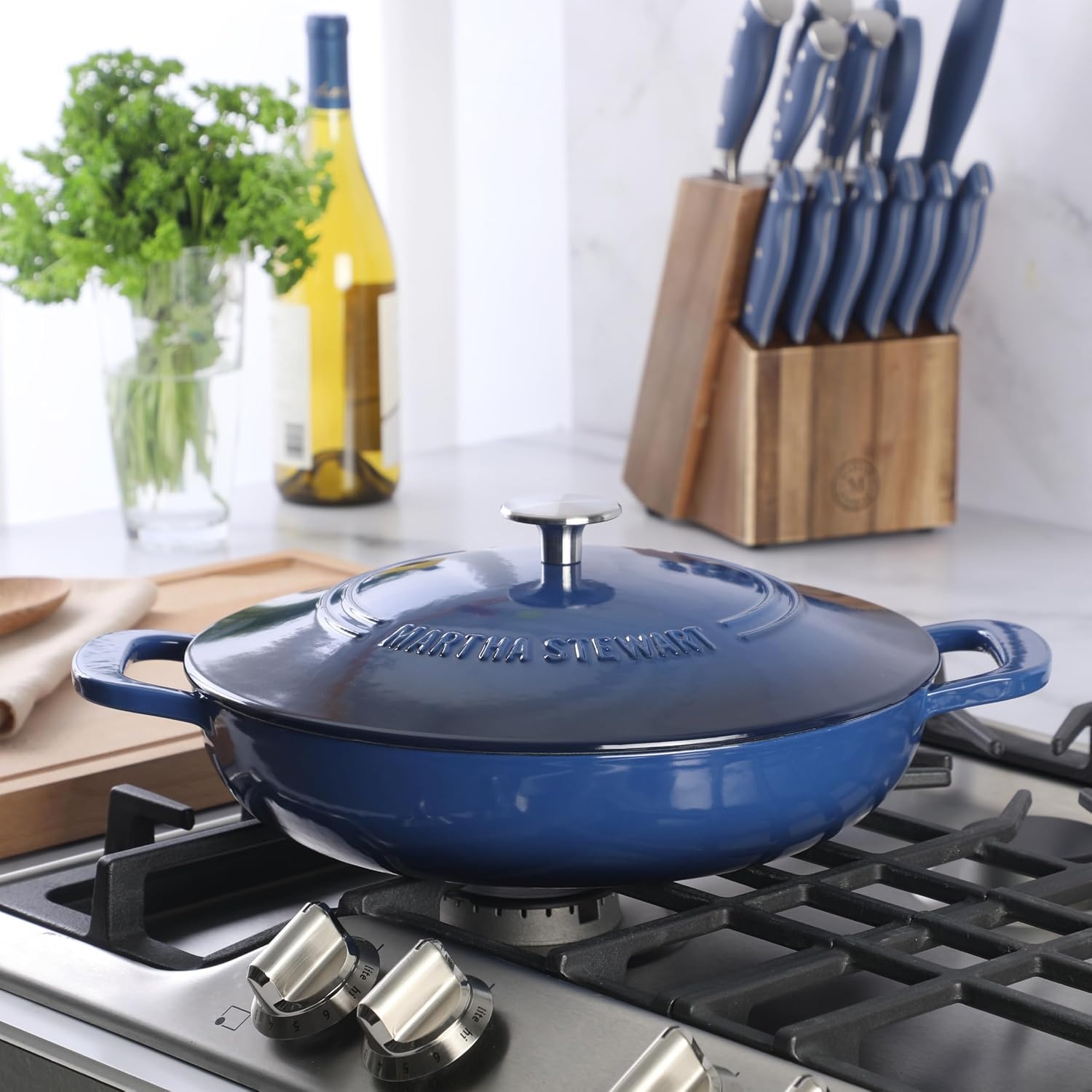 image:imageMartha Stewart Gatwick Enameled Cast Iron Braiser with Lid 35Quart Braiser Pan for Stovetop amp Oven Cast Iron Braising Pan with Gold Knob Matte BlackClassic Blue