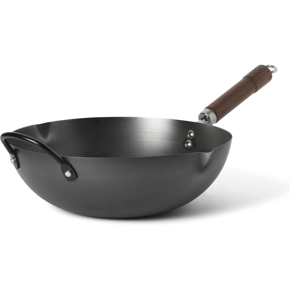 image:imageMartha Stewart Chisholm 135Inch Carbon Steel Nonstick Wok PFASFree Wok Pan amp Flat Bottom Stir Fry Pan with Long Walnut Wood Handle amp Helper Handle Black