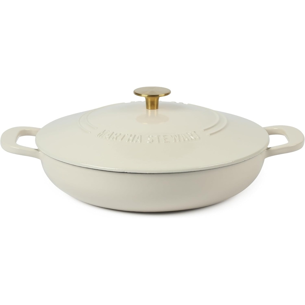 image:imageMartha Stewart Gatwick Enameled Cast Iron Braiser with Lid 35Quart Braiser Pan for Stovetop amp Oven Cast Iron Braising Pan with Gold Knob Matte BlackLinen White w Gold Knob