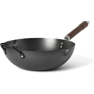 Martha Stewart Chisholm 13.5-Inch Carbon Steel Nonstick Wok, PFAS-Free Wok Pan & Flat Bottom Stir Fry Pan with Long Walnut Wood Handle & Helper Handle, Black