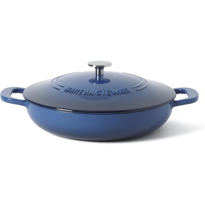 Martha Stewart Gatwick Enameled Cast Iron Braiser with Lid, 3.5-Quart Braiser Pan for Stovetop & Oven, Cast Iron Braising Pan with Gold Knob, Matte Black(Classic Blue)