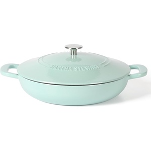 Martha Stewart Gatwick Enameled Cast Iron Braiser with Lid, 3.5-Quart Braiser Pan for Stovetop & Oven, Cast Iron Braising Pan with Gold Knob, Matte Black(Martha Blue)