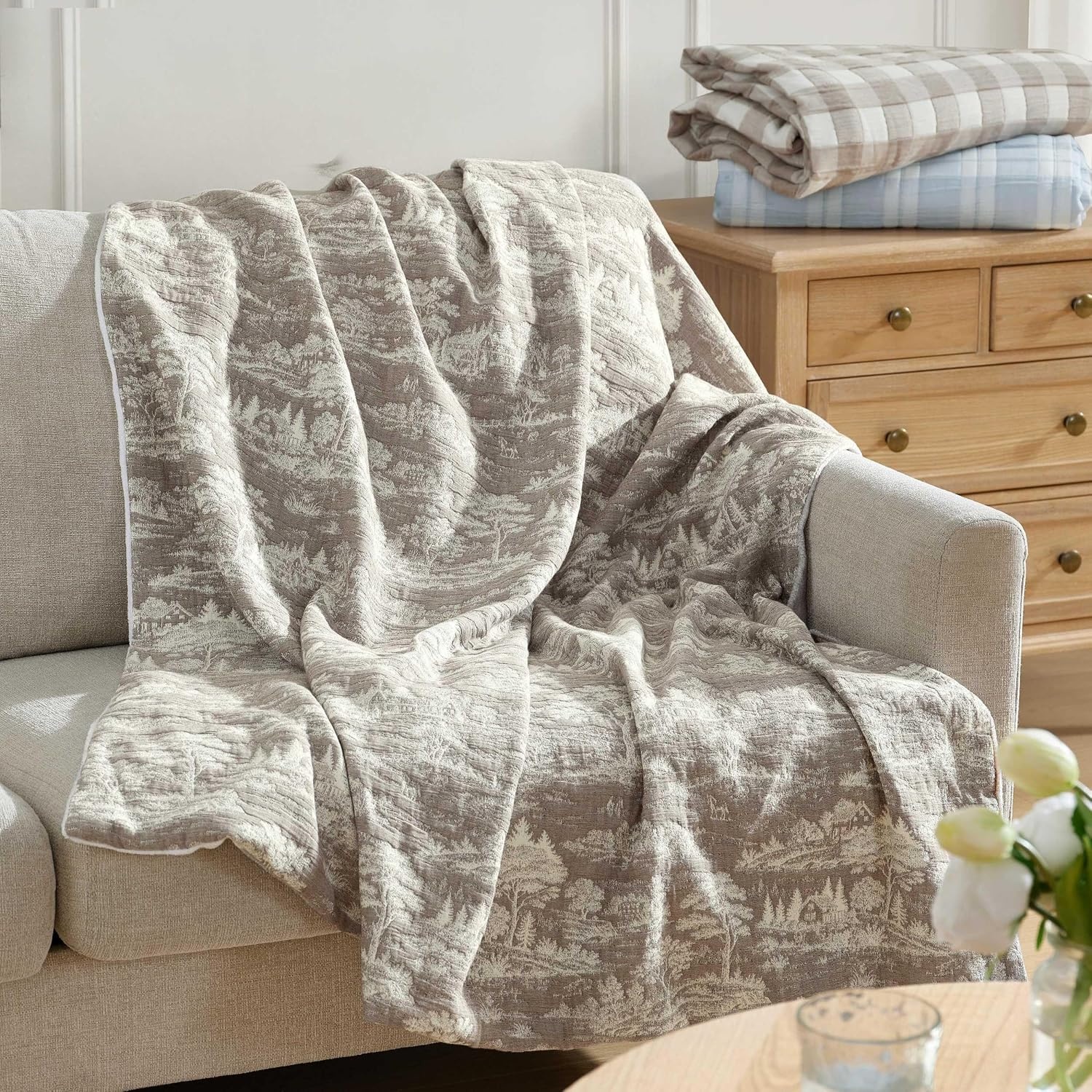 image:imageMartha Stewart Reversible Plush Throw Blanket for Bed or Couch 50x70Farmhouse Toile Brown