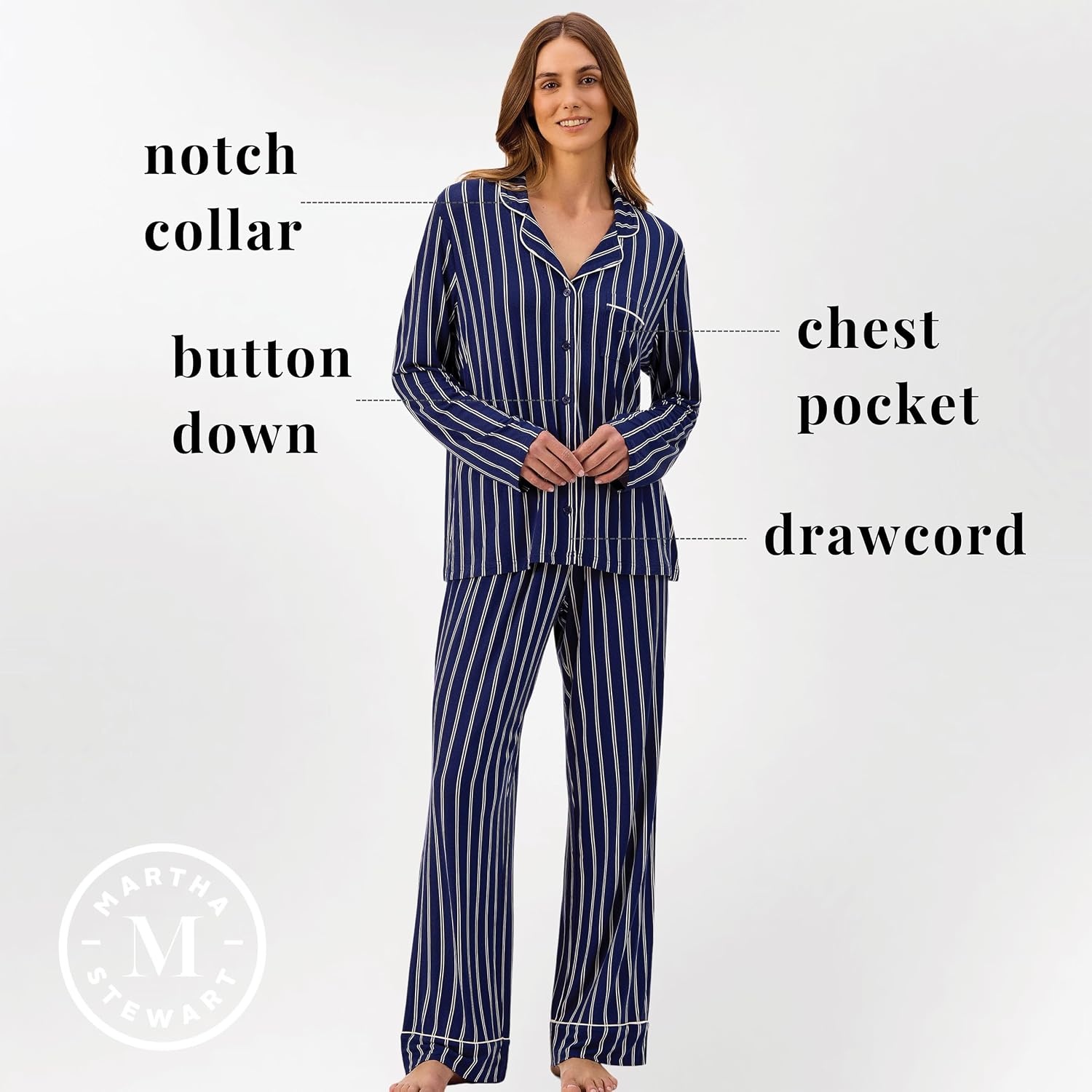 image:imageMartha Stewart Pajamas Womens 2 Piece PJ Sets Soft Luxury Loungewear for Home or GiftNavy Blue Stripe