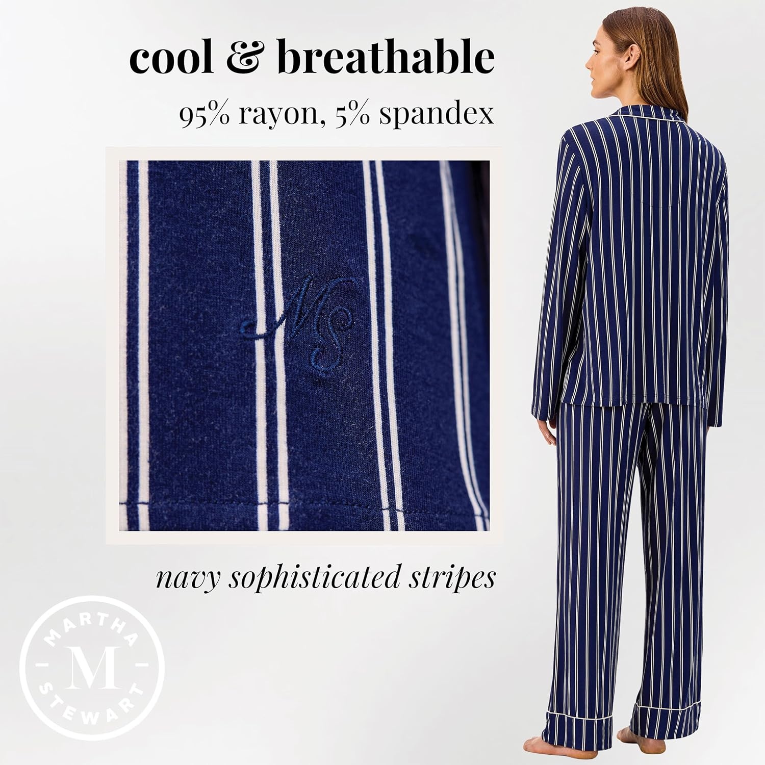 image:imageMartha Stewart Pajamas Womens 2 Piece PJ Sets Soft Luxury Loungewear for Home or GiftNavy Blue Stripe