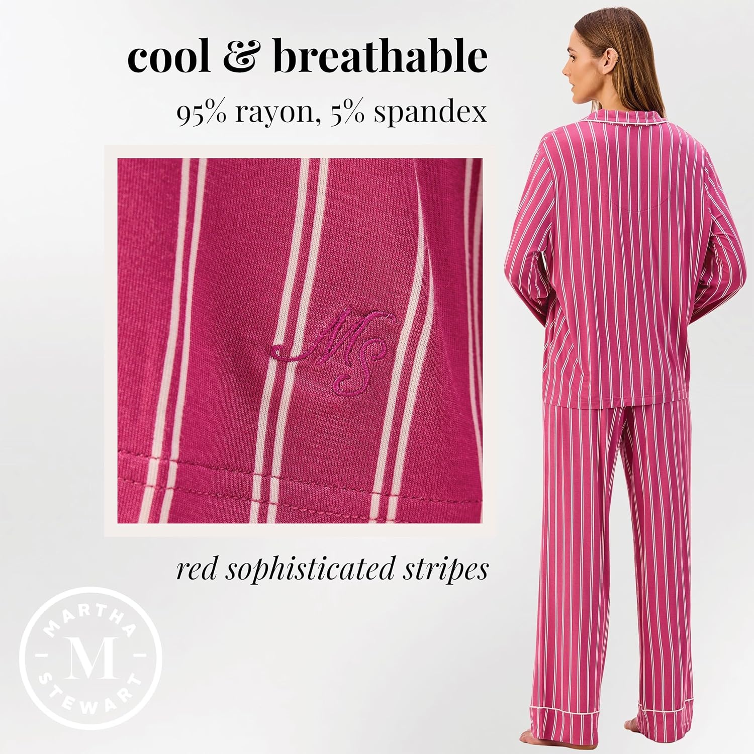 image:imageMartha Stewart Pajamas Womens 2 Piece PJ Sets Soft Luxury Loungewear for Home or GiftRed Plum Stripe