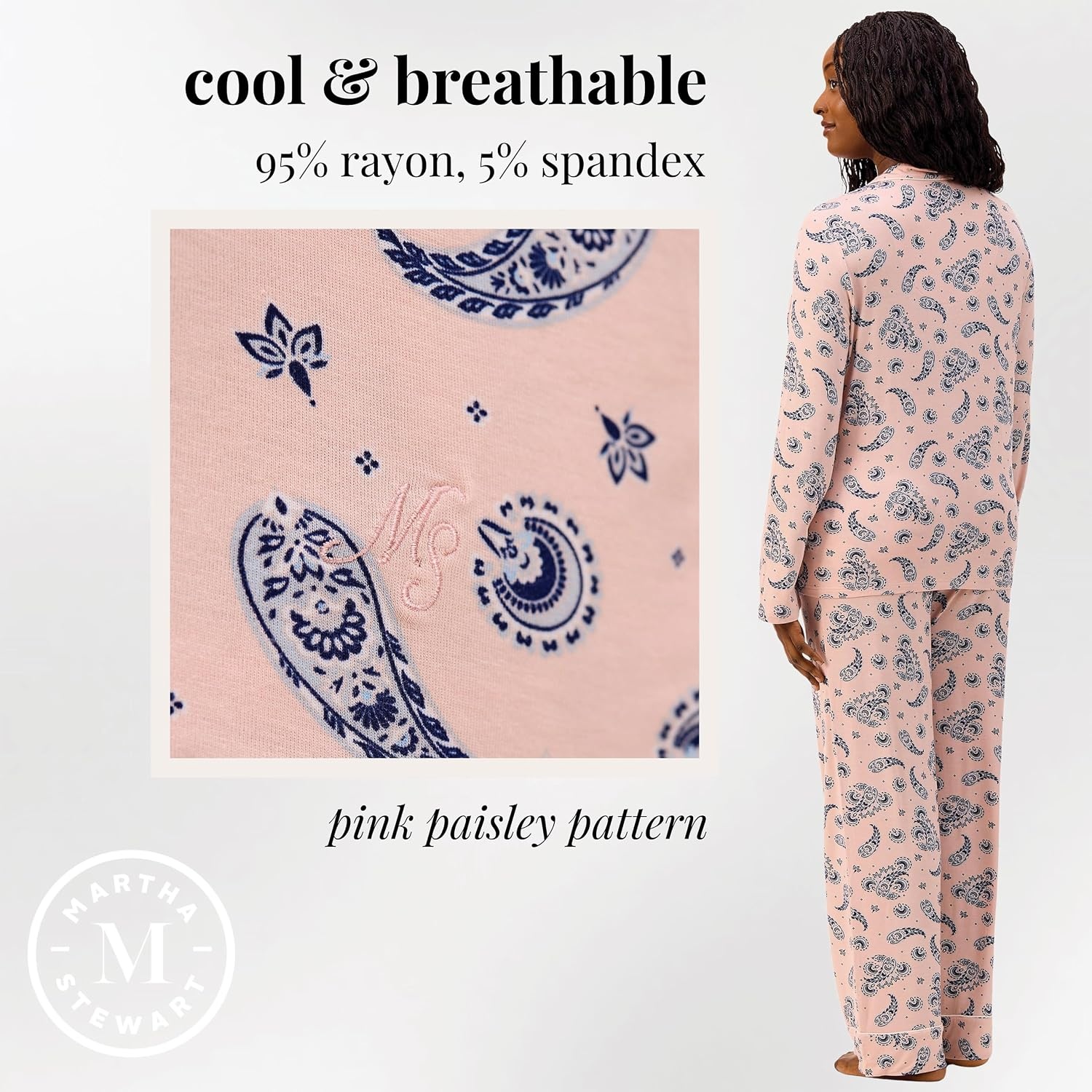image:imageMartha Stewart Pajamas Womens 2 Piece PJ Sets Soft Luxury Loungewear for Home or GiftSandBlue Paisley