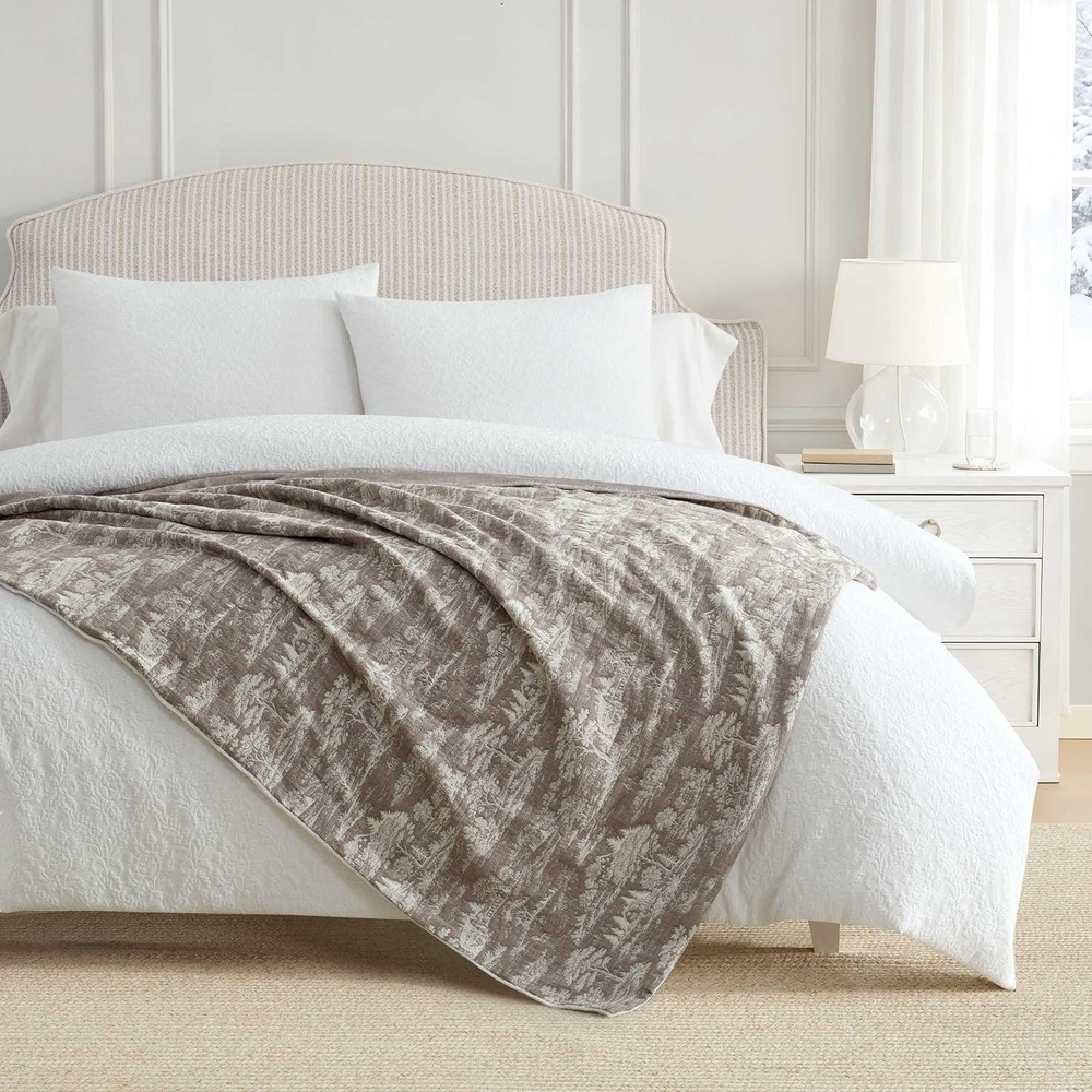 image:imageMartha Stewart  Reversible Plush Throw Blanket for Bed or Couch 50x70Farmhouse Toile Brown