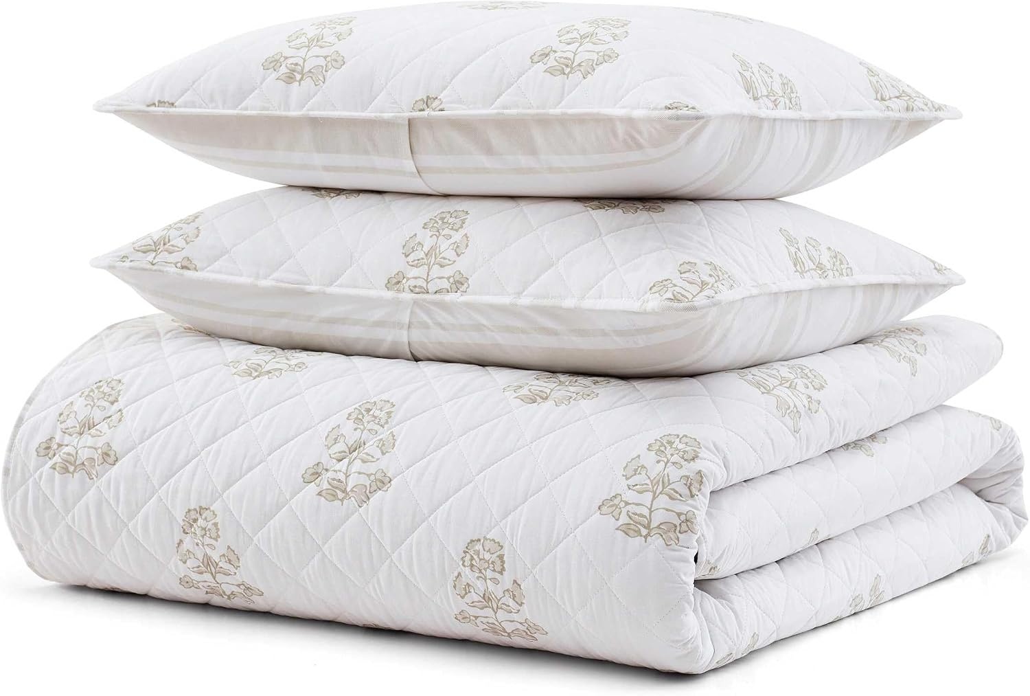 image:imageMartha Stewart Queen Quilt Set with Shams Reversible Floral BeddingFlower Block Beige
