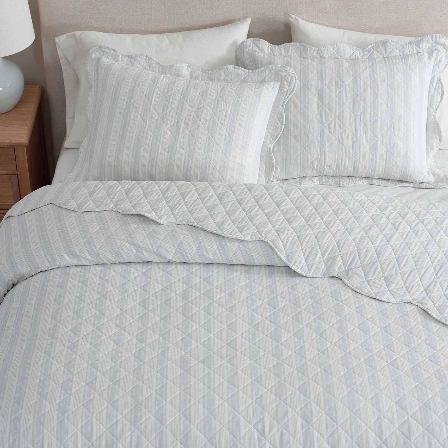 image:imageMartha Stewart Queen Quilt Set with Shams Reversible Floral BeddingTate Stripe Blue