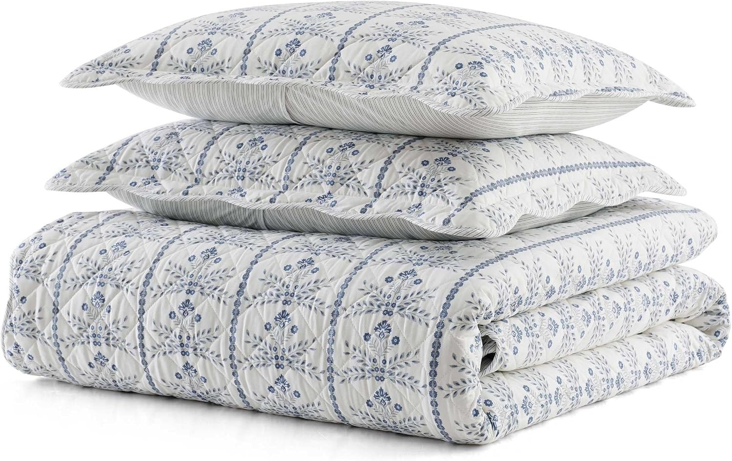 image:imageMartha Stewart Queen Quilt Set with Shams Reversible Floral BeddingWilla Penelope Blue