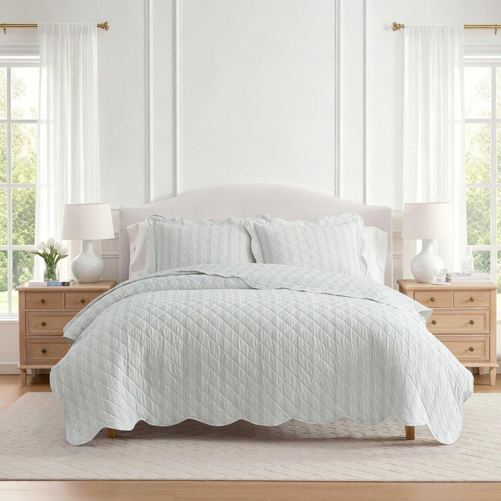 image:imageMartha Stewart Queen Quilt Set with Shams Reversible Floral BeddingTate Stripe Blue