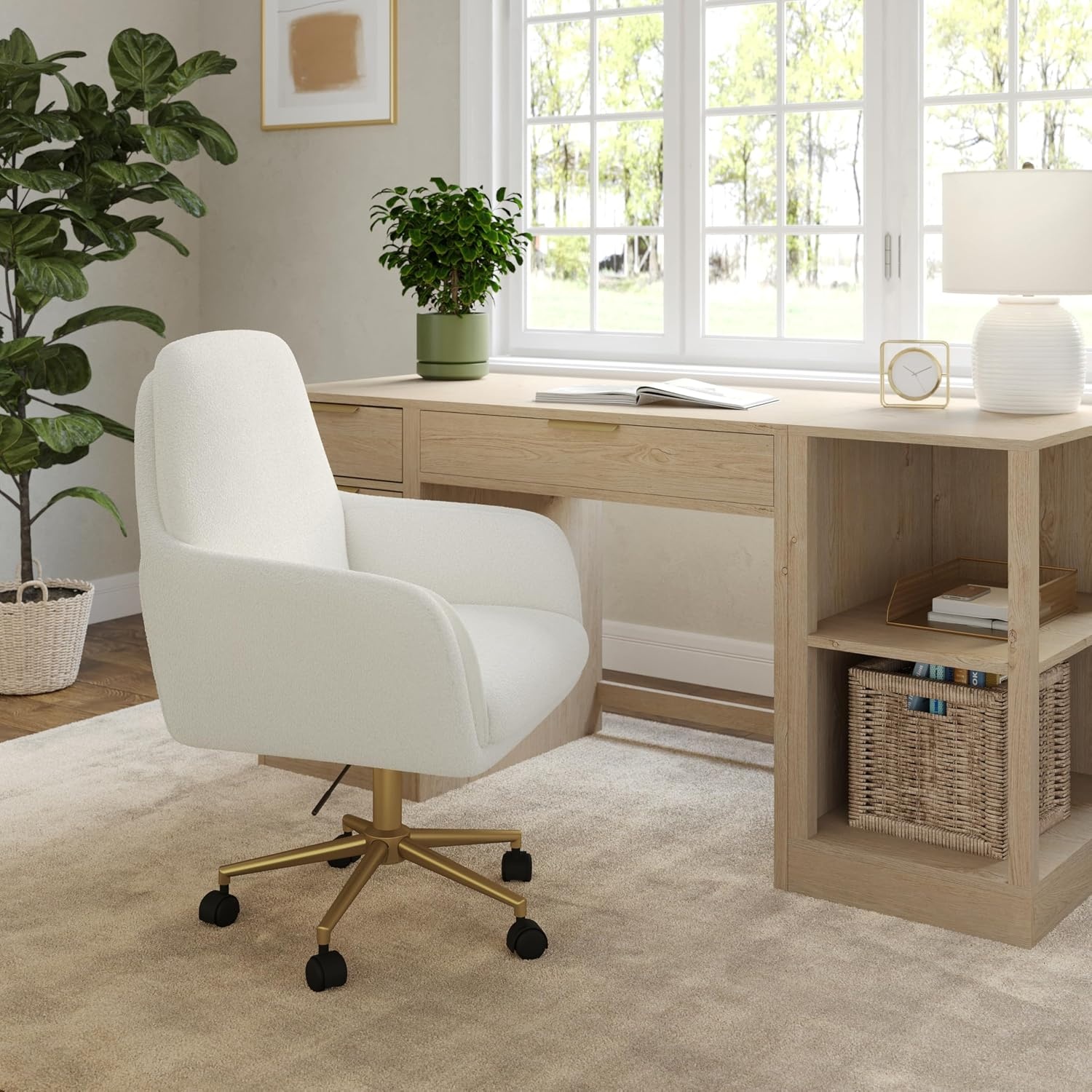 image:imageMartha Stewart Clara Upholstered Office Chair Bedford GrayOff White BouclePolished Brass Frame