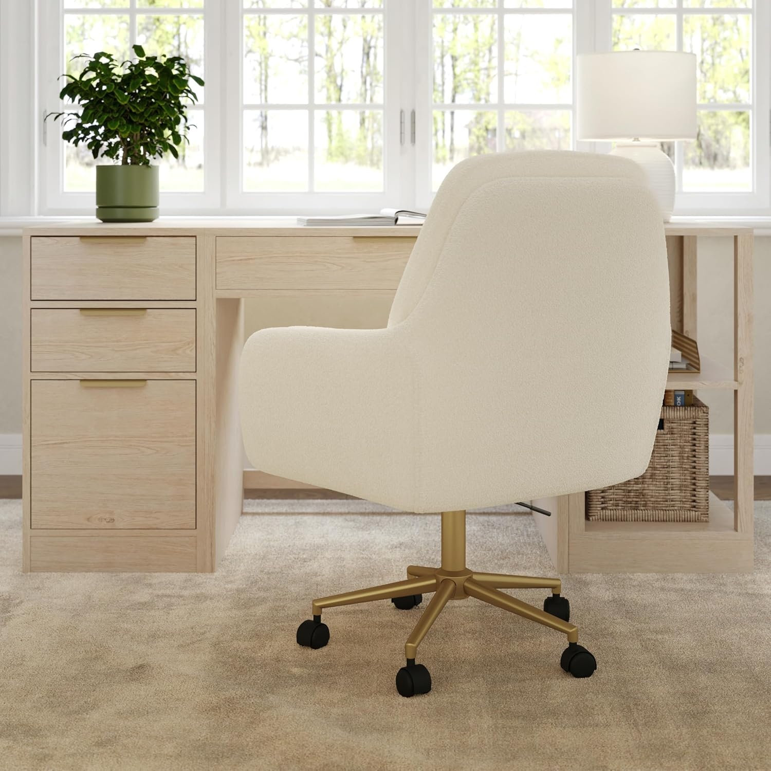 image:imageMartha Stewart Clara Upholstered Office Chair Bedford GrayOff White BouclePolished Brass Frame