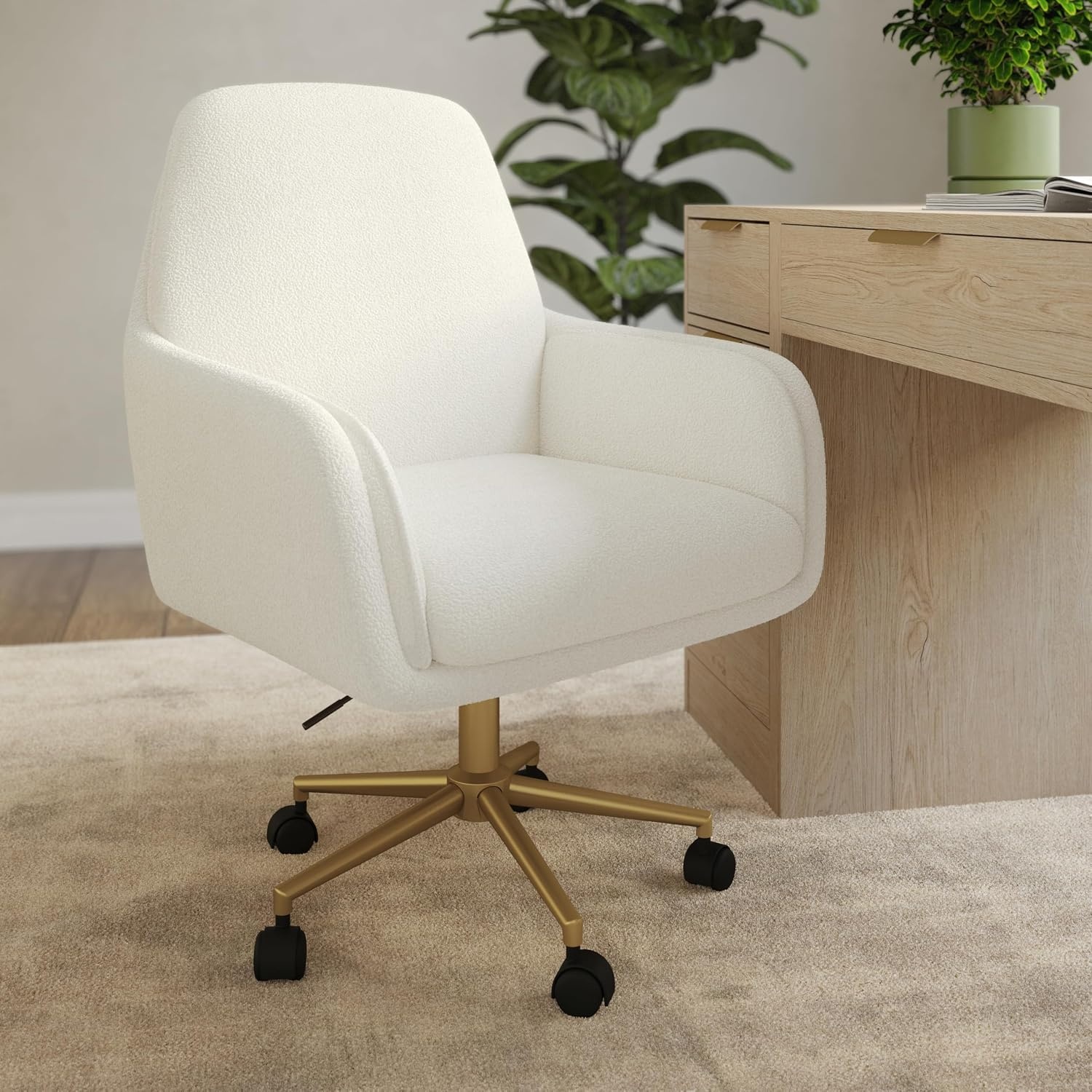 image:imageMartha Stewart Clara Upholstered Office Chair Bedford GrayOff White BouclePolished Brass Frame