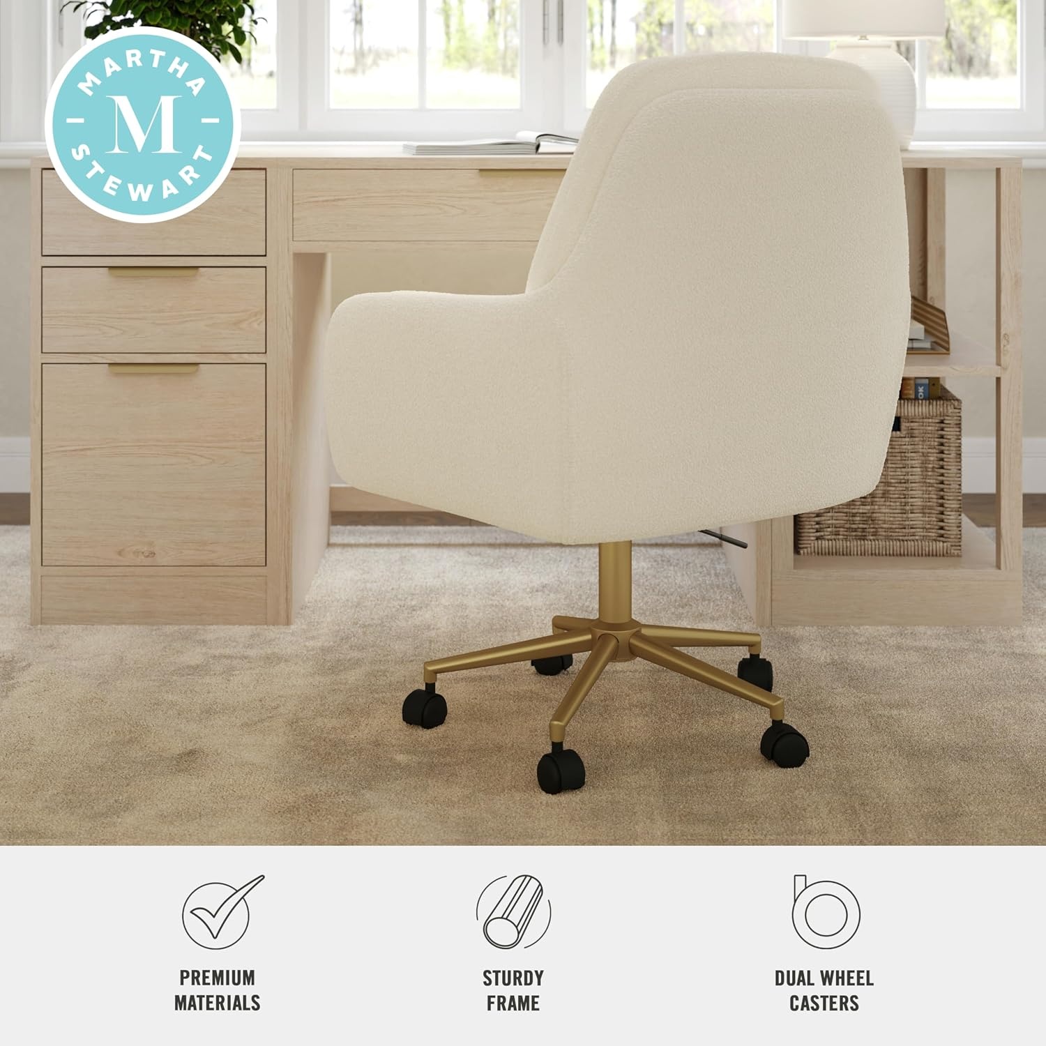 image:imageMartha Stewart Clara Upholstered Office Chair Bedford GrayOff White BouclePolished Brass Frame