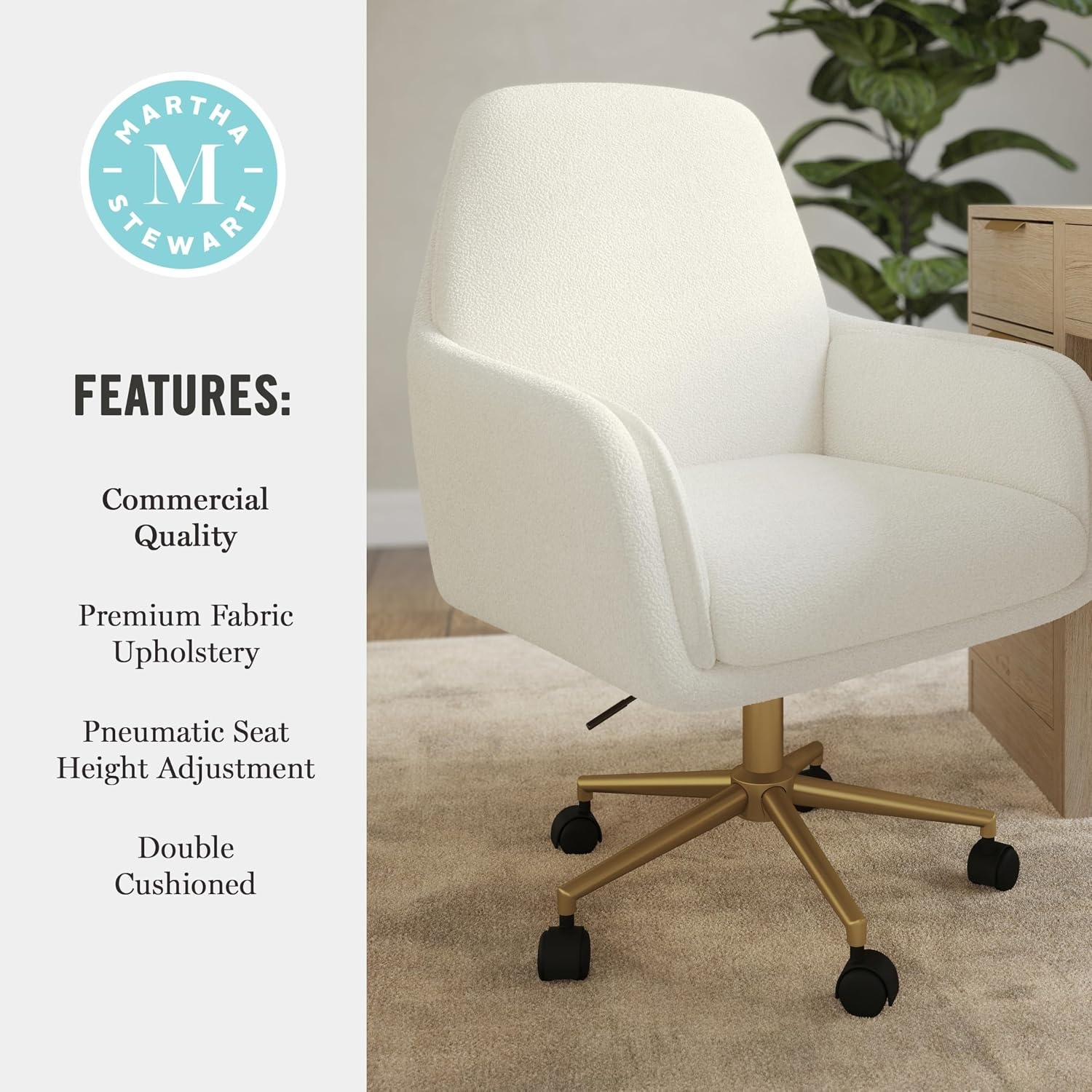 image:imageMartha Stewart Clara Upholstered Office Chair Bedford GrayOff White BouclePolished Brass Frame
