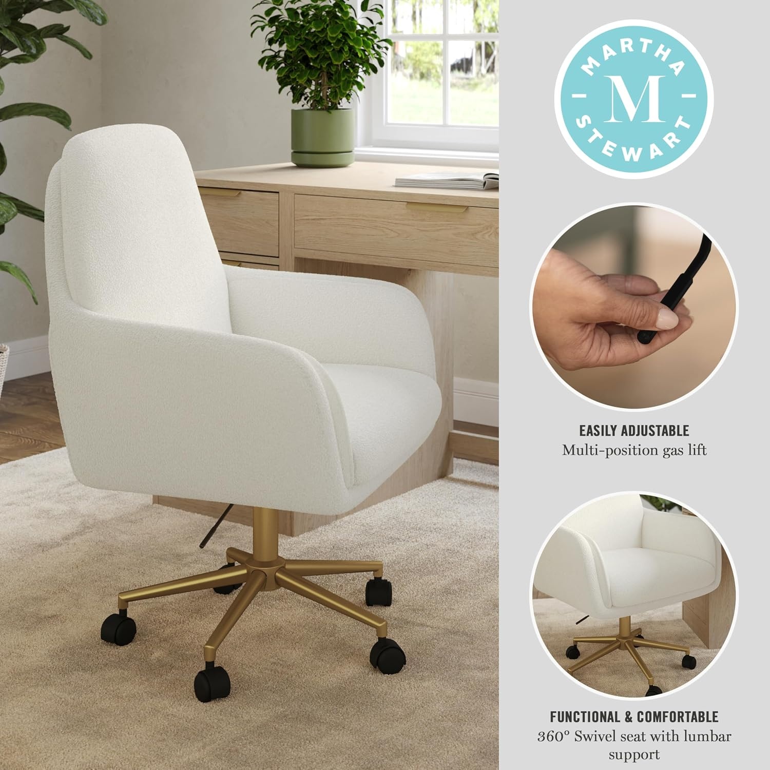 image:imageMartha Stewart Clara Upholstered Office Chair Bedford GrayOff White BouclePolished Brass Frame