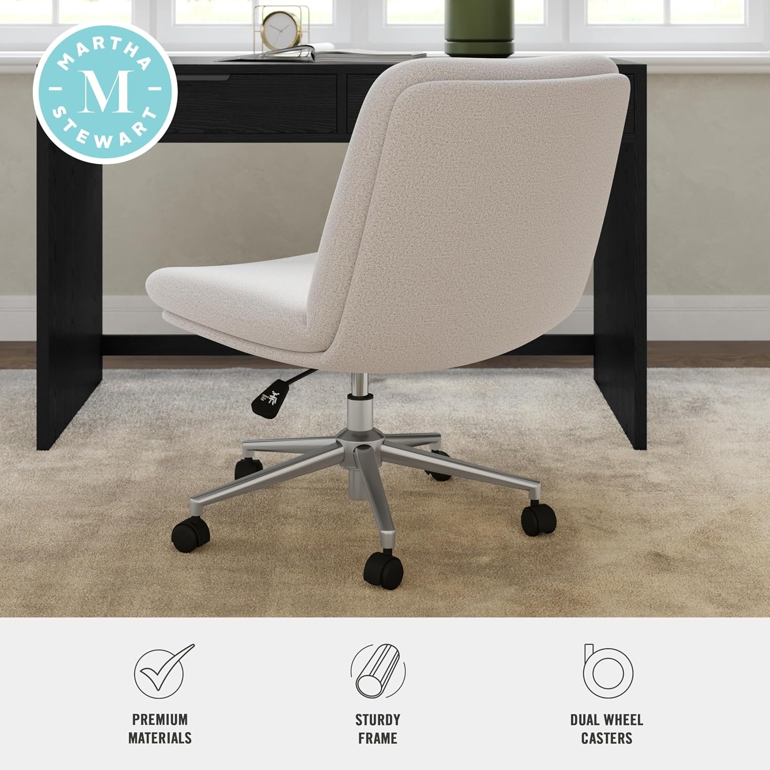 image:imageMartha Stewart Eloise Upholstered Office Chair OffWhiteGrey White FabricPolished Nickel Frame