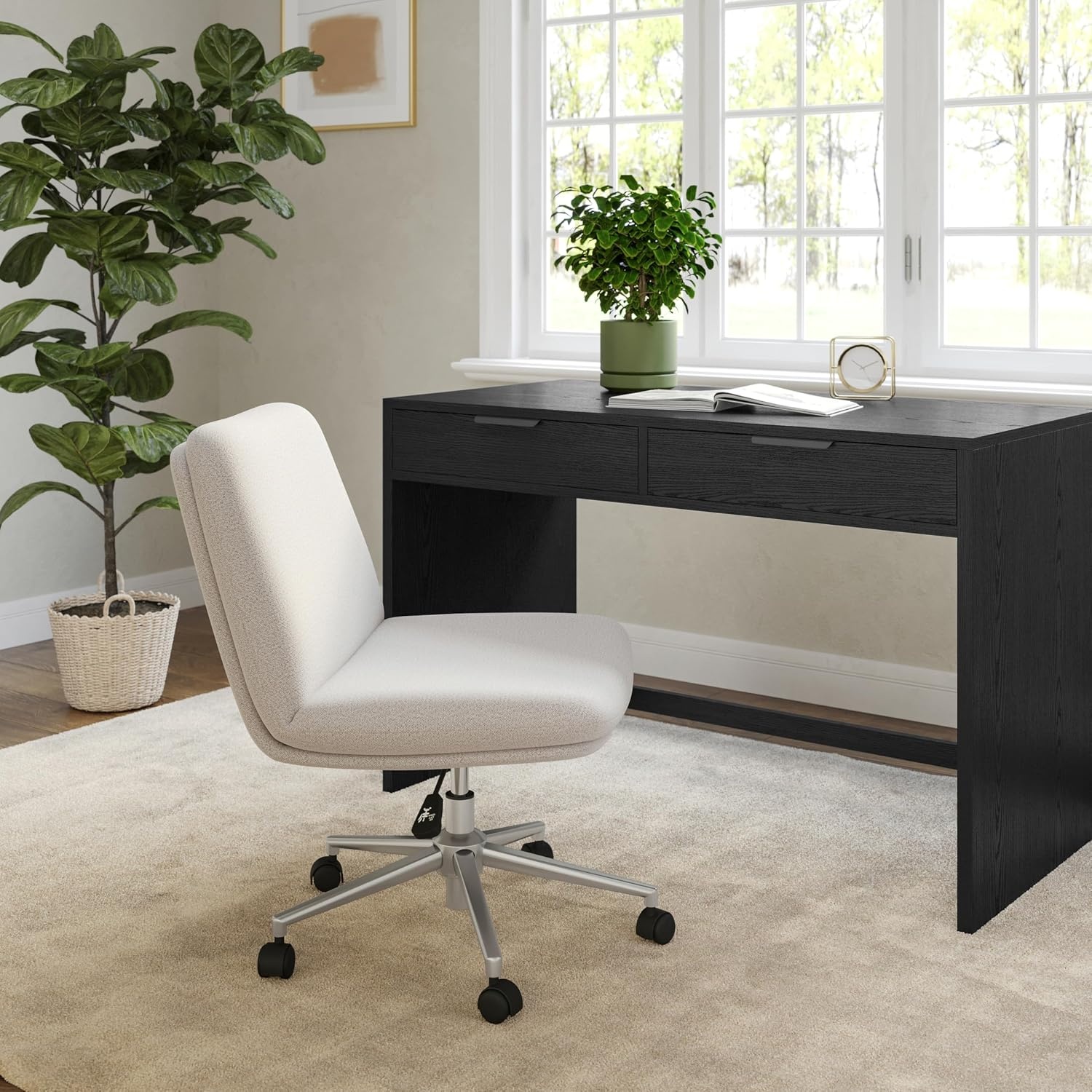 image:imageMartha Stewart Eloise Upholstered Office Chair OffWhiteGrey White FabricPolished Nickel Frame