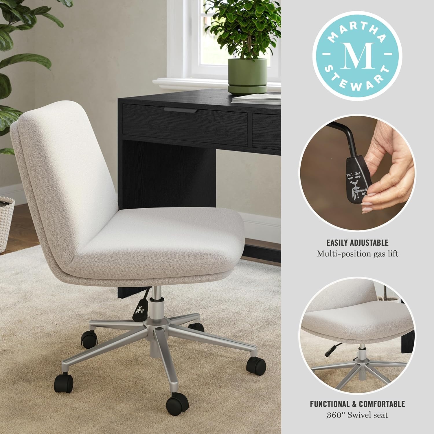 image:imageMartha Stewart Eloise Upholstered Office Chair OffWhiteGrey White FabricPolished Nickel Frame