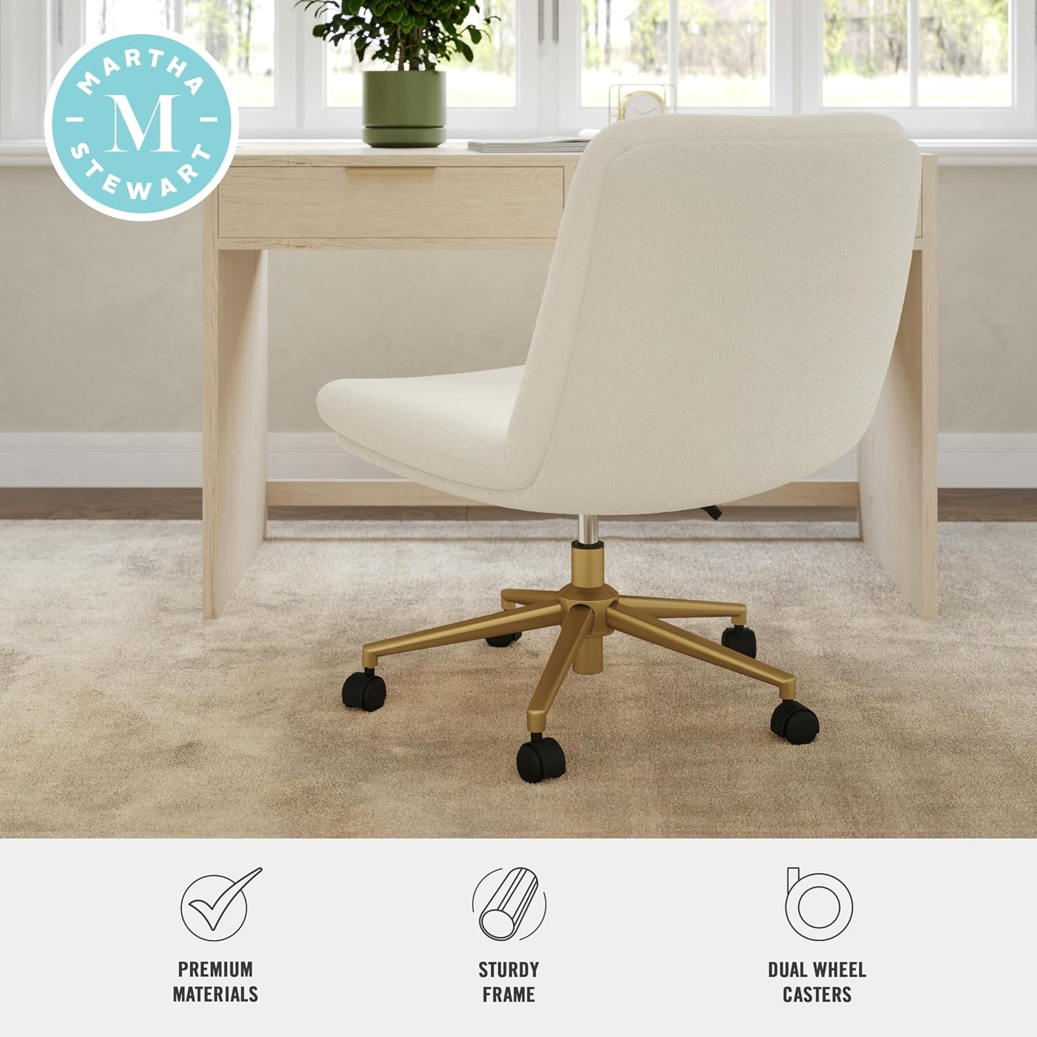 image:imageMartha Stewart Eloise Upholstered Office Chair OffWhiteWhite BouclePolished Brass Frame