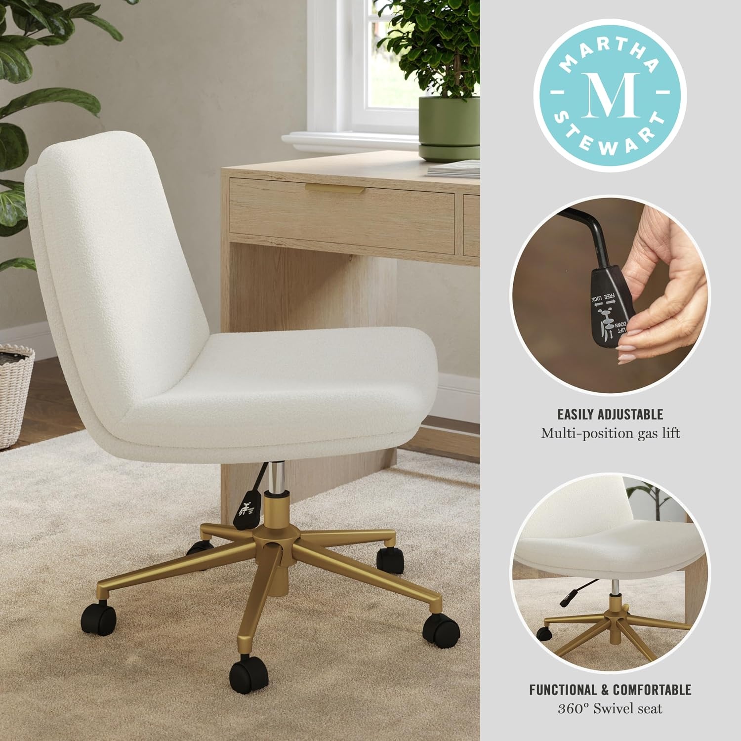 image:imageMartha Stewart Eloise Upholstered Office Chair OffWhiteWhite BouclePolished Brass Frame