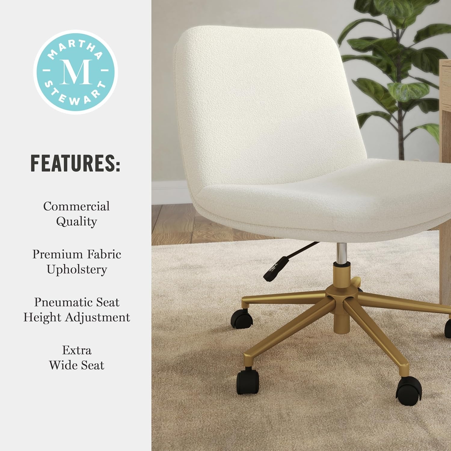 image:imageMartha Stewart Eloise Upholstered Office Chair OffWhiteWhite BouclePolished Brass Frame
