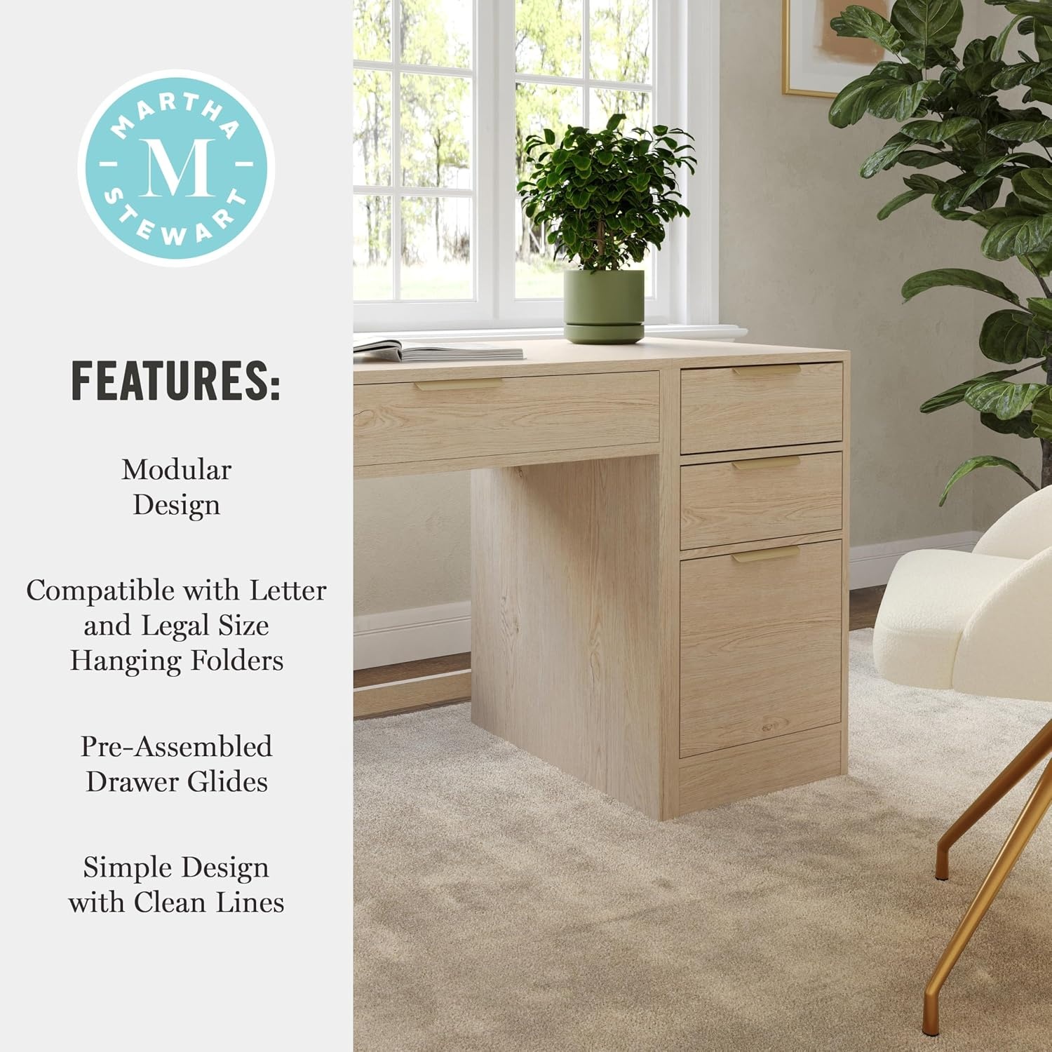 image:imageMartha Stewart Kayden Modular Desk with File Cabinet BlackLight Natural