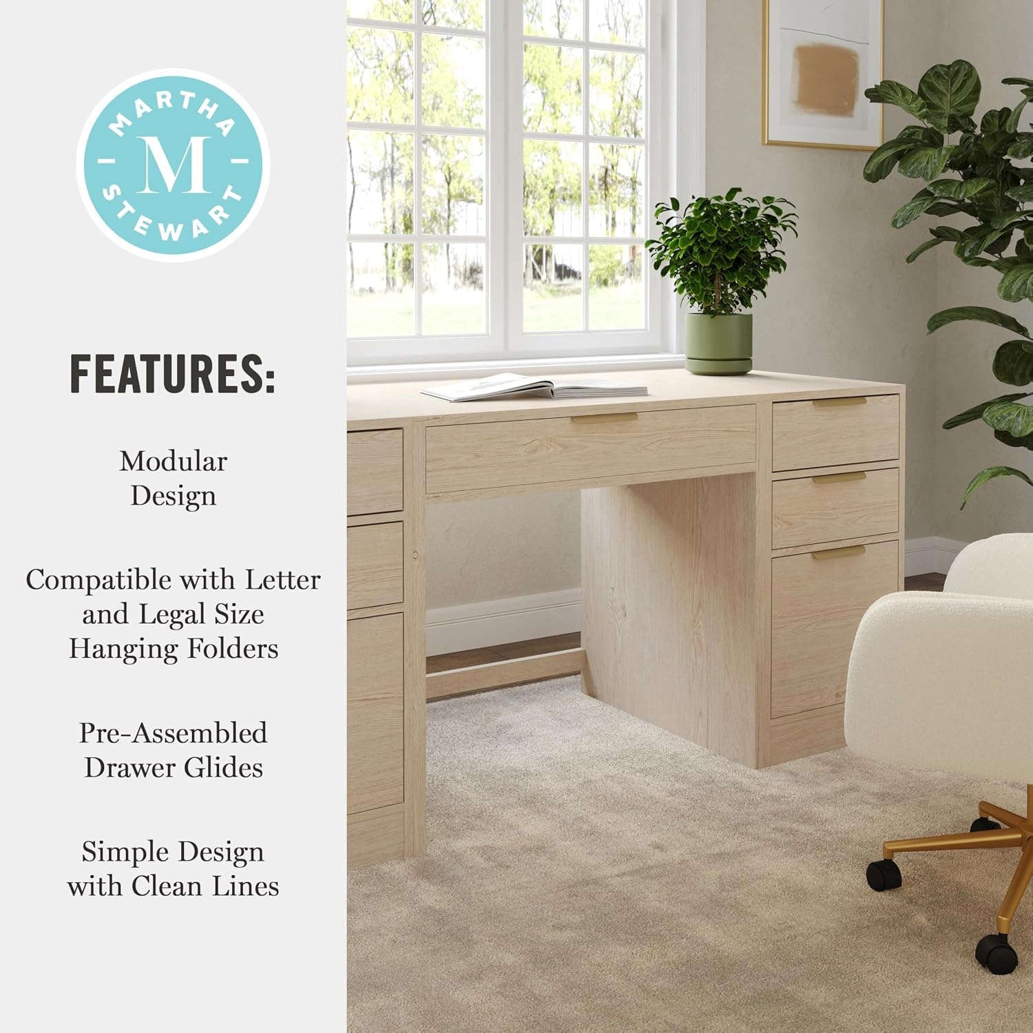 image:imageMartha Stewart Kayden Modular Desk with File Cabinet BlackLight Natural