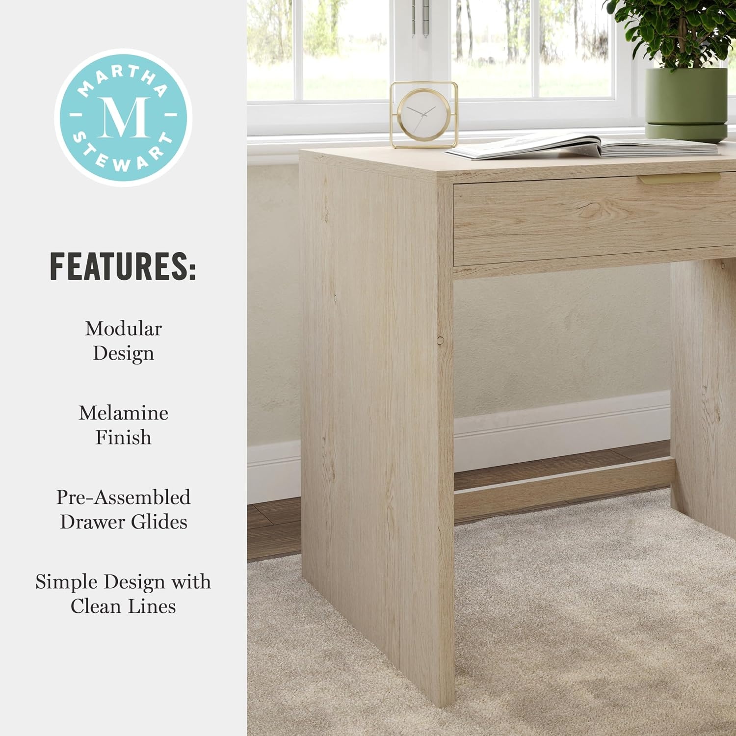 image:imageMartha Stewart Kayden Modular SingleDrawer Desk Light NaturalLight Natural FrameBrushed Gold Hardware