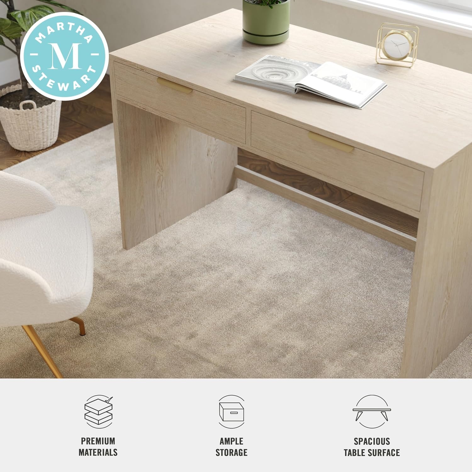 image:imageMartha Stewart Kayden Modular SingleDrawer Desk Light NaturalLight Natural FrameBrushed Gold Hardware