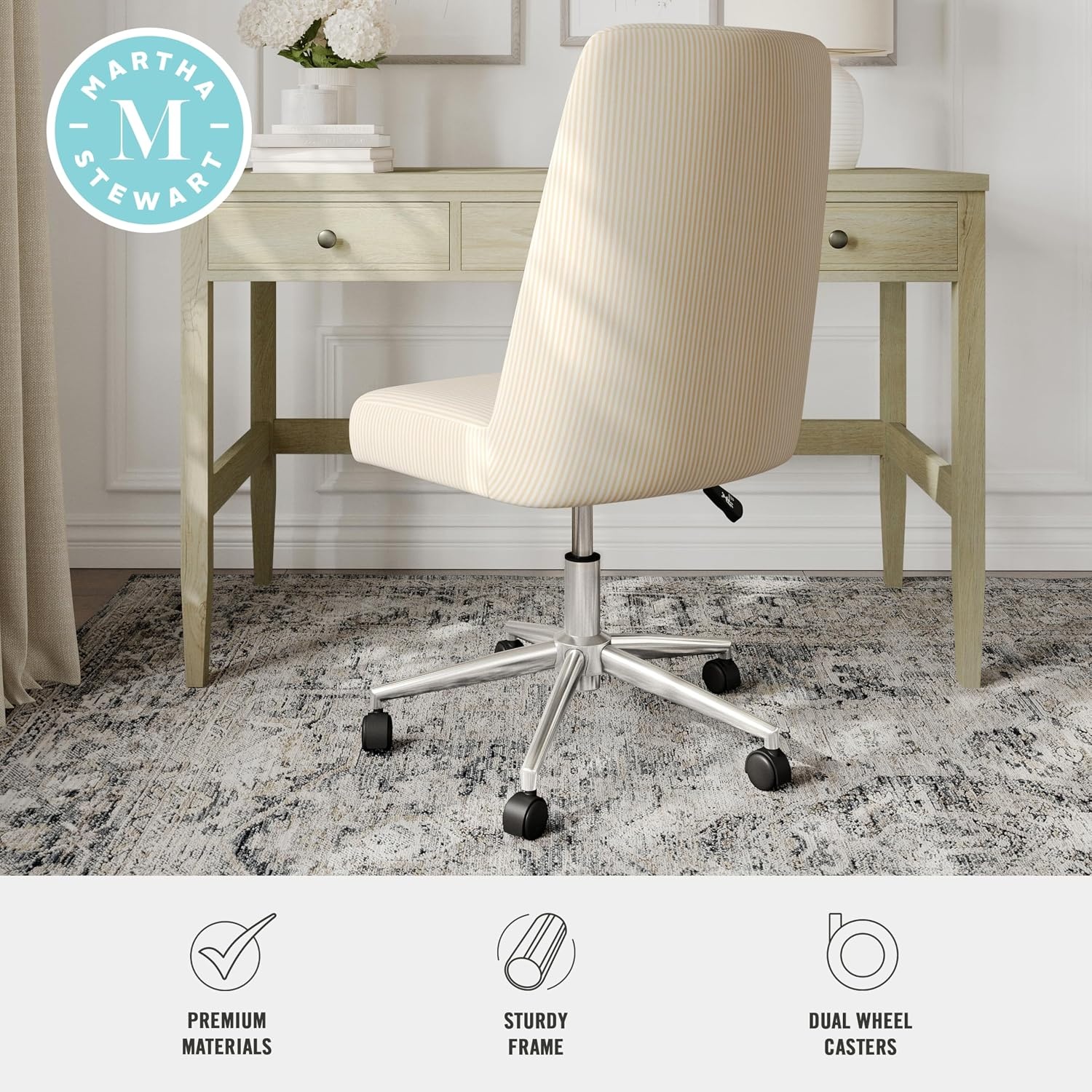 image:imageMartha Stewart Maeve Upholstered Office Chair Beige StripeBeige Stripe FabricPolished Nickel Frame