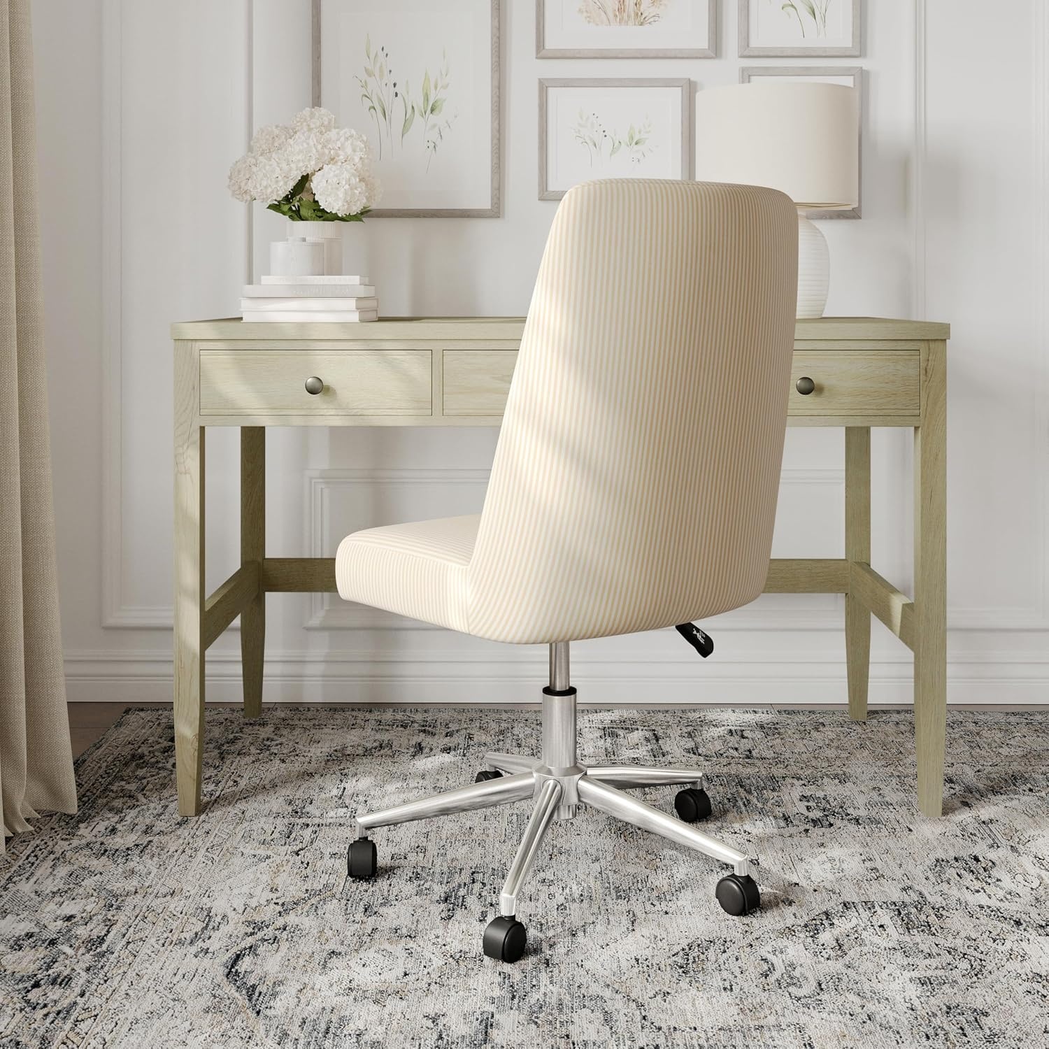 image:imageMartha Stewart Maeve Upholstered Office Chair Beige StripeBeige Stripe FabricPolished Nickel Frame