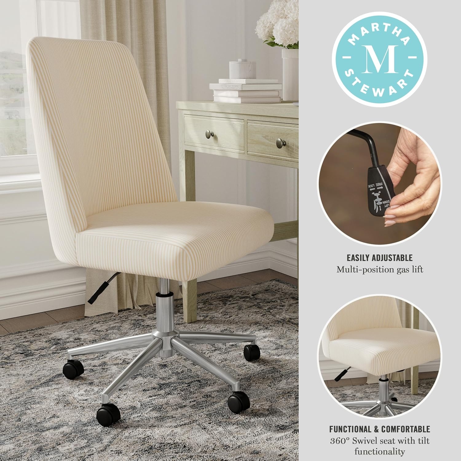 image:imageMartha Stewart Maeve Upholstered Office Chair Beige StripeBeige Stripe FabricPolished Nickel Frame