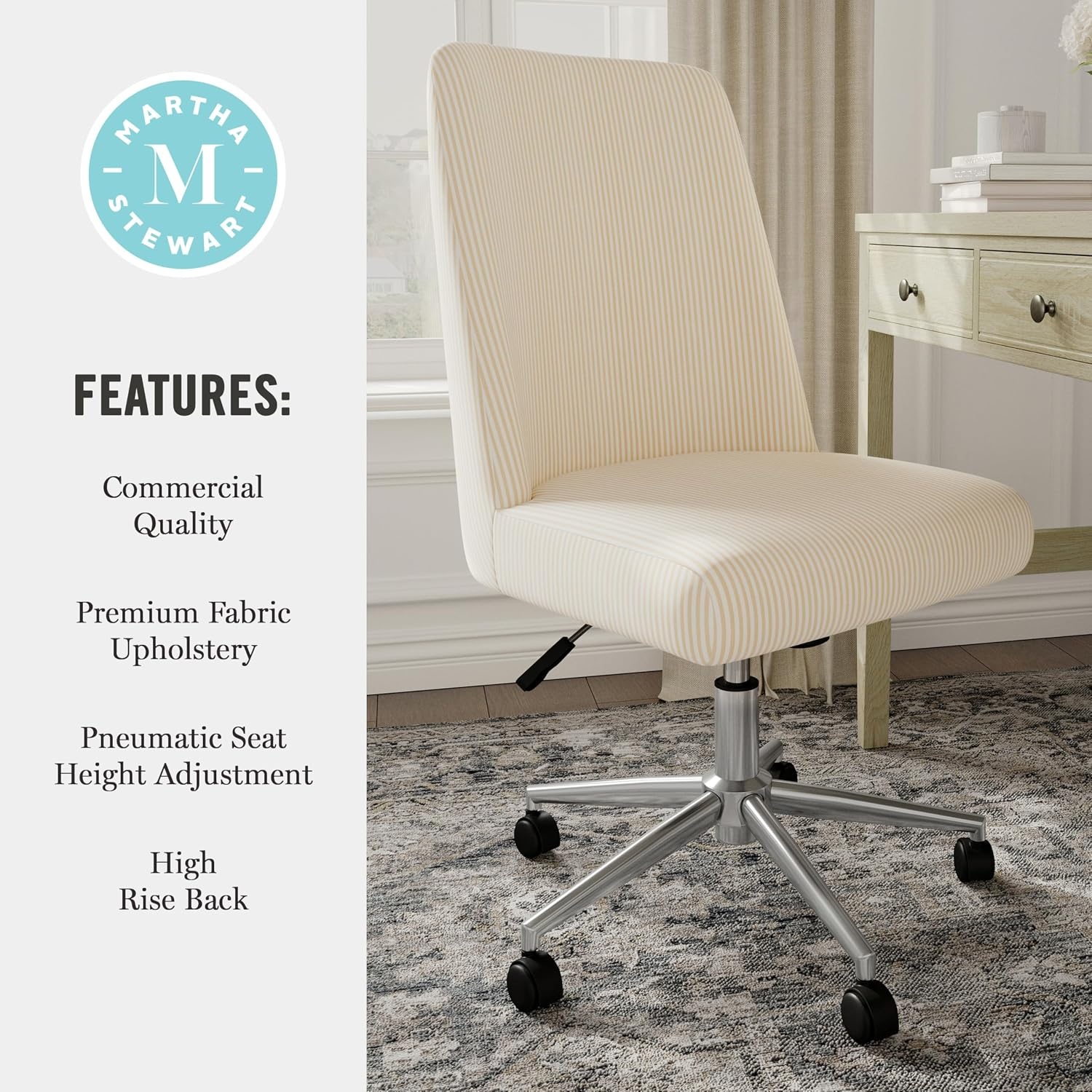 image:imageMartha Stewart Maeve Upholstered Office Chair Beige StripeBeige Stripe FabricPolished Nickel Frame