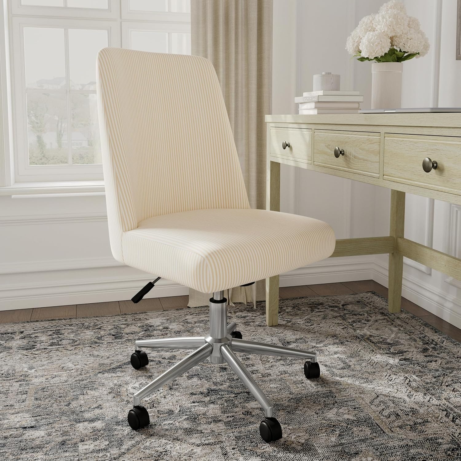 image:imageMartha Stewart Maeve Upholstered Office Chair Beige StripeBeige Stripe FabricPolished Nickel Frame