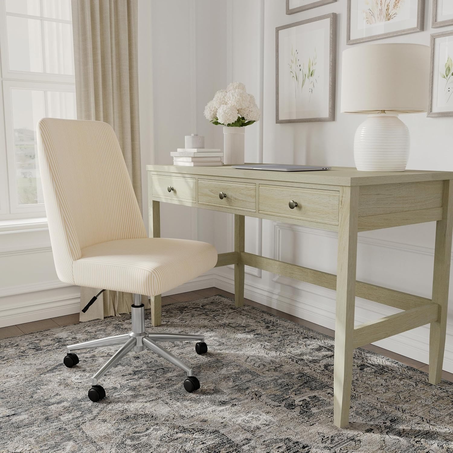 image:imageMartha Stewart Maeve Upholstered Office Chair Beige StripeBeige Stripe FabricPolished Nickel Frame