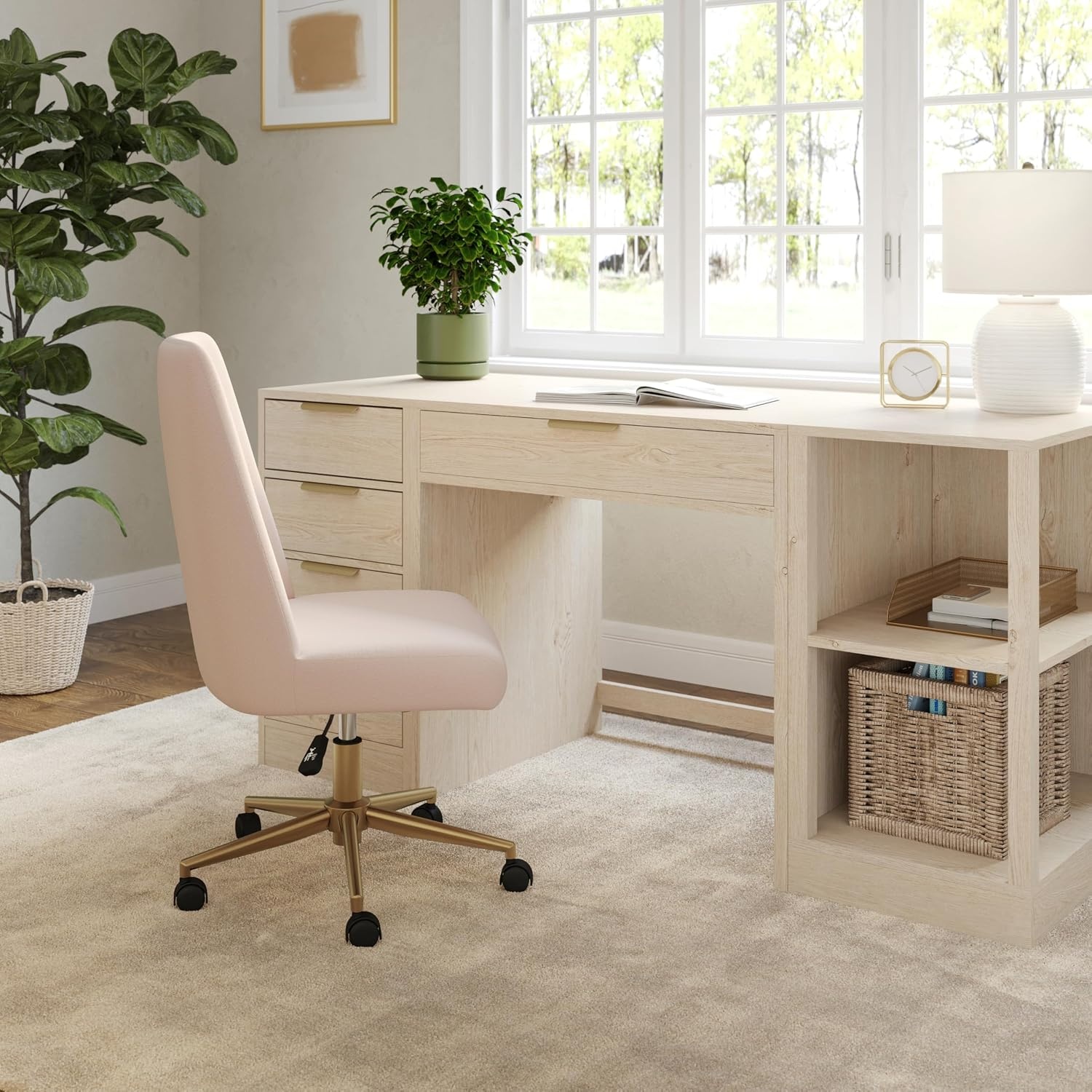 image:imageMartha Stewart Maeve Upholstered Office Chair Beige StripeConch Shell FabricPolished Brass Frame