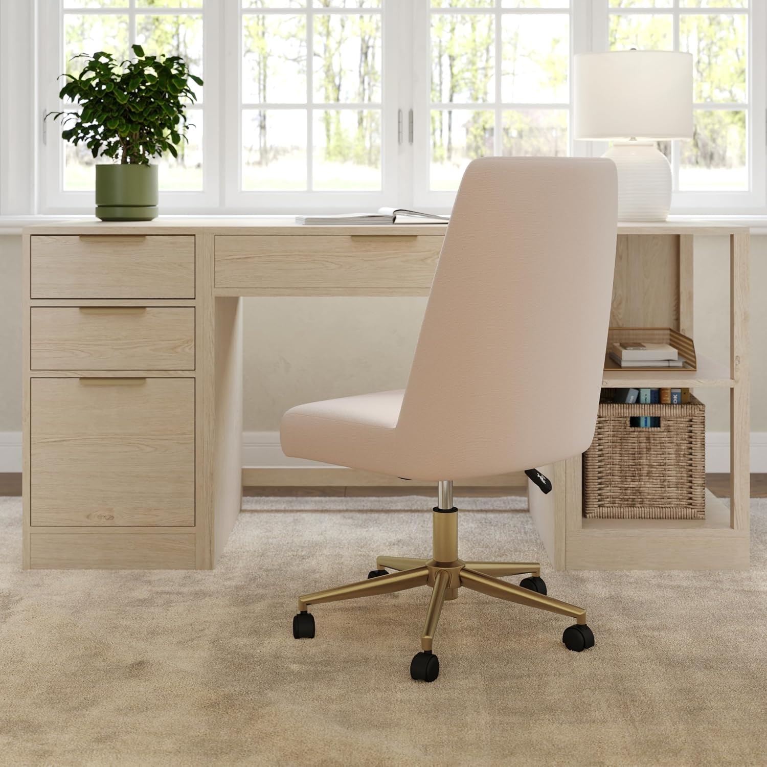 image:imageMartha Stewart Maeve Upholstered Office Chair Beige StripeConch Shell FabricPolished Brass Frame